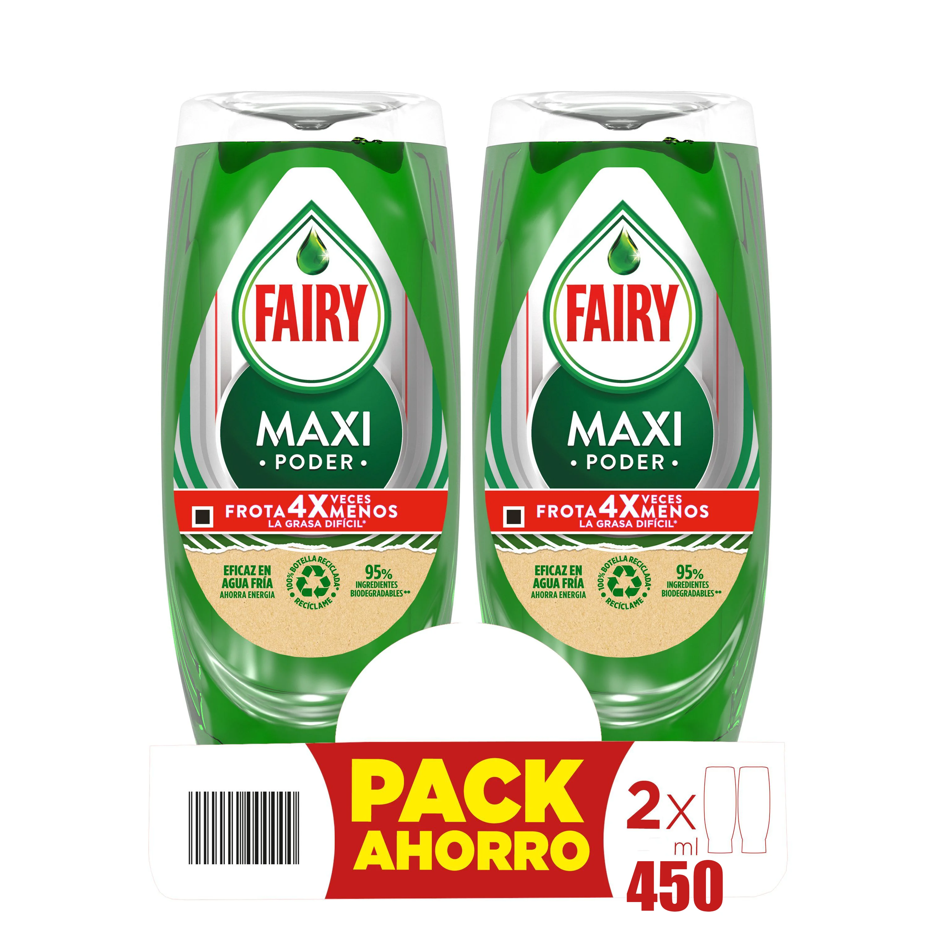 FAIRY Maxi Poder Duplo 900 ml Lavavajillas Liquido a Mano 2x450 ml Con Poder Antigrasa, Limpieza Facil Platos, Ollas Y Sartenes Mas Grasientas