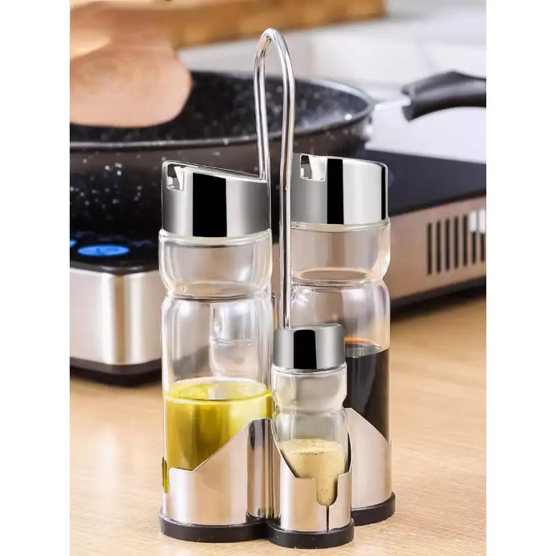 Set of oil, cruet, salt and pepper shaker made of glass and steel-classic design, anti-drip, refillable containers-4 pieces, measure 15.5x4.5cm, 9x3 cm