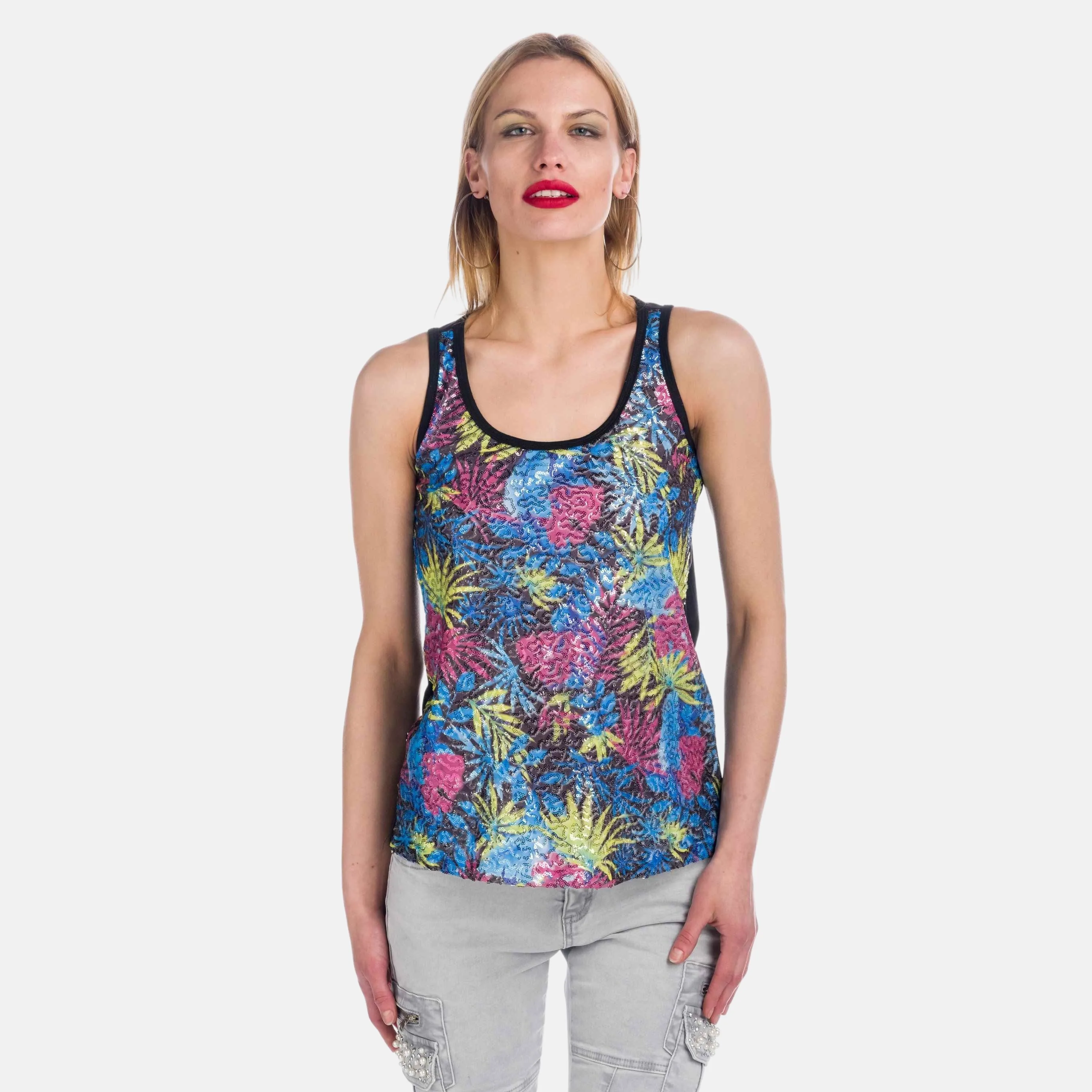 Koroshi - Top sin mangas con estampado de palmeras multicolor en lentejuelas para mujer, ideal para fiesta o look diario con vaqueros