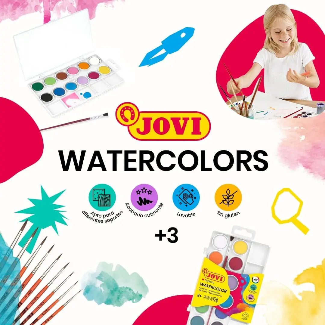Jovi school waterel set - up to 24 colors ideal for school use or starting in the watercolor art - includes gift brush - plastic case