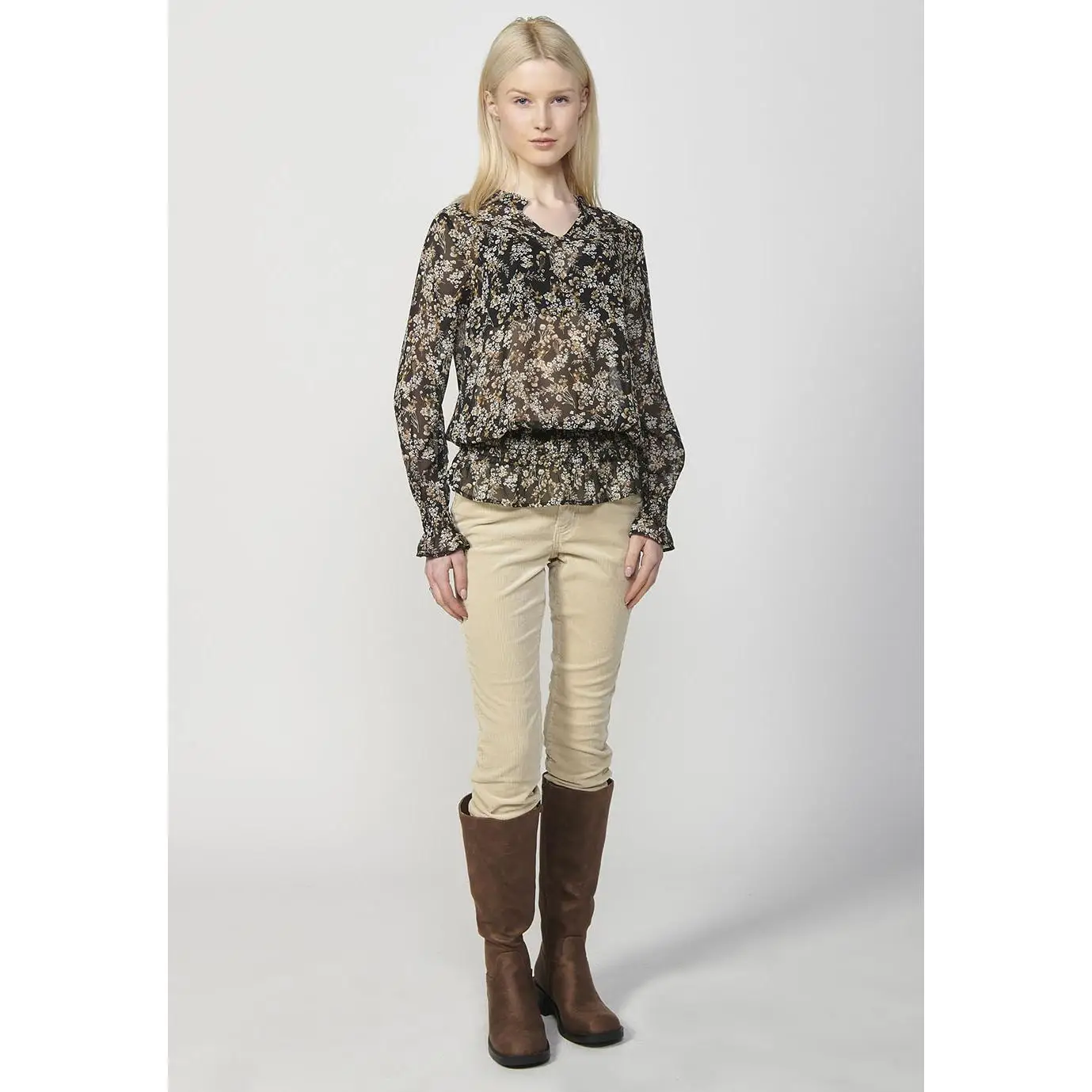 Koroshi Blusa manga larga gasa semitransparente escote pico estampado floral mujer