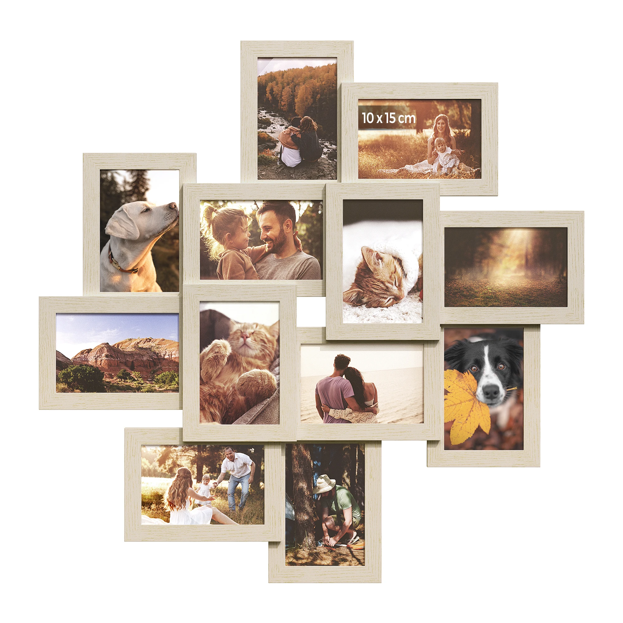 SONGMICS Collage de Marco de Fotos, 12 Marcos para Fotos 10 x 15 cm, Marcos de fotos para Pared, Marcos Múltiples, Decoración de pared, Beige Natural/Blanco con Veta de Madera/Blanco Nube/Marrón Rústico/Negro Tinta, Regalo de Navidad