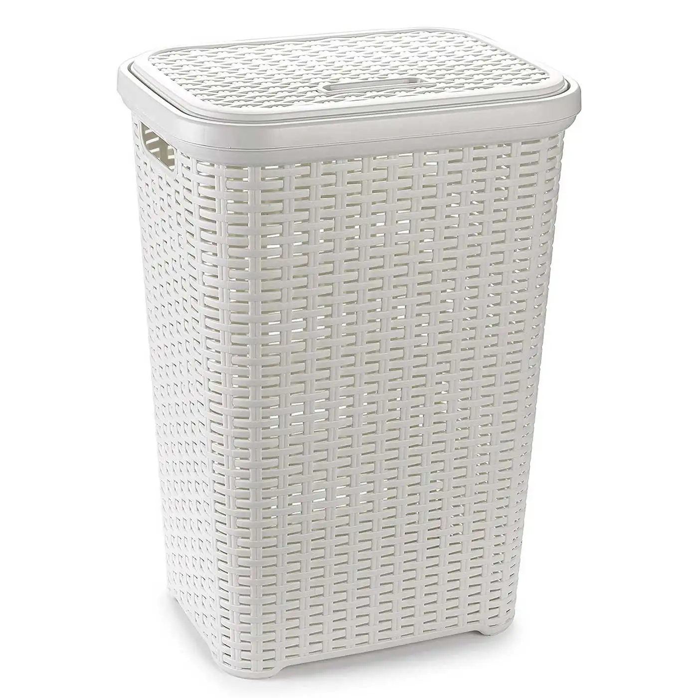 Tradineur - Cesto para ropa sucia con tapa y asas 60 litros, blanco, 61,5 x 42,5 x 34 cm, pongotodo rattan de plástico, cubo para colada, diseño imitación mimbre, hogar