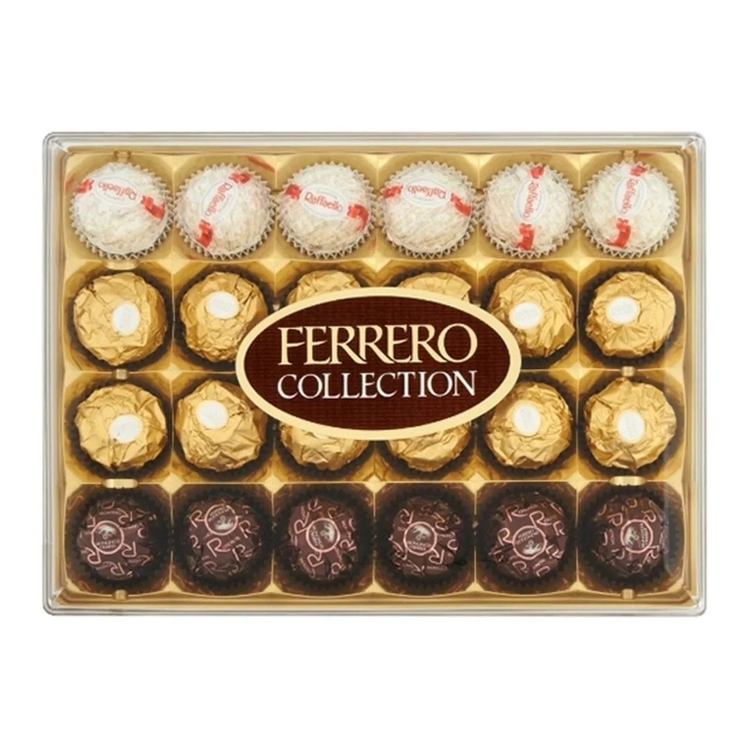 Box of 24 ferrero rocher collection chocolates: raffaello, rondnoir, rocher.269 g of pleasure