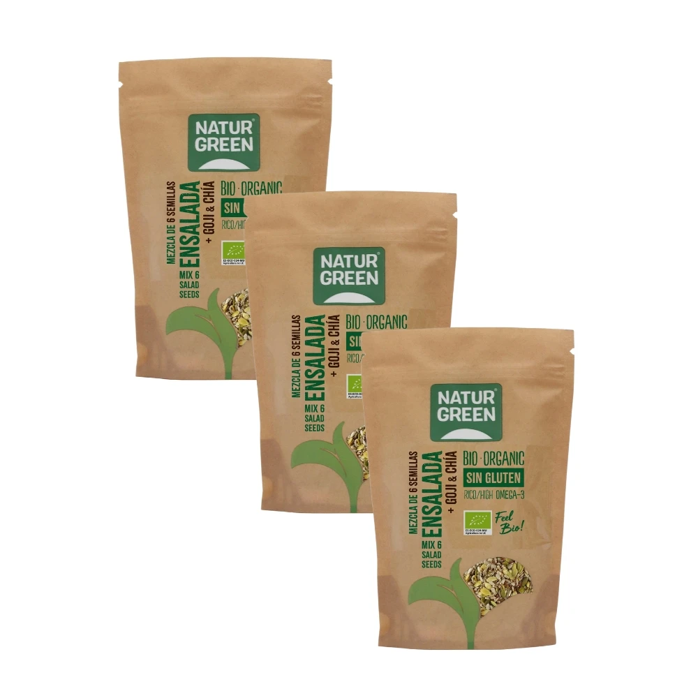 Mezcla 6 Semillas con Goji y Chía Bio  225g  Pack de 3x  Fuente de fibra, omega-3 y antioxidantes  NATURGREEN