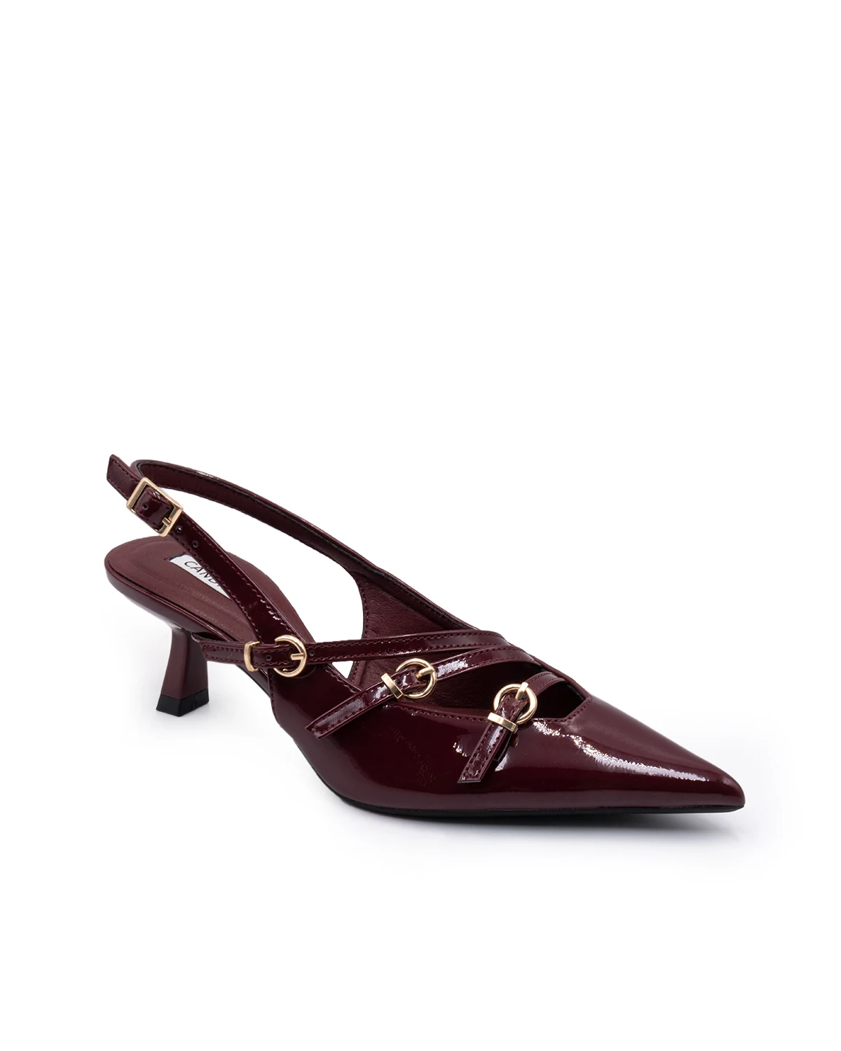 Zapatos de tacón bajo con tiras y triple hebilla para mujer, de piel sintética patentada.