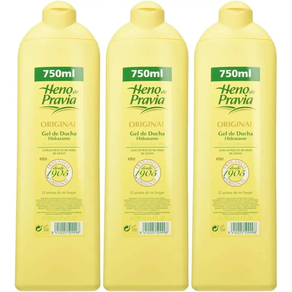 Heno de Pravia Original - Gel de ducha, paquete de 3 unidades (3x750 ml) - Proporciona hidratación a la piel gracias al extracto de hoja de olivo, Fragancia original