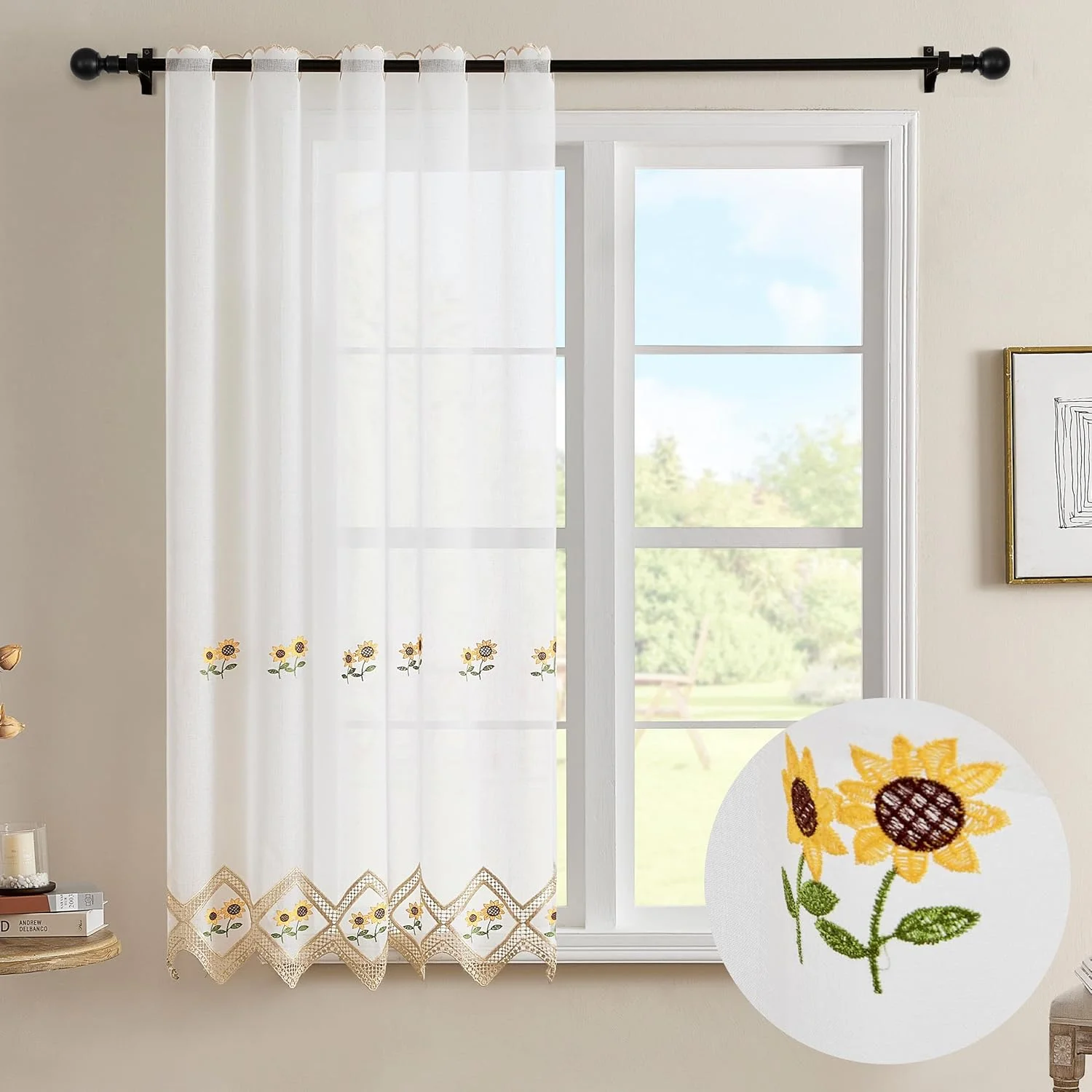 Cortina de Cocina Transparente con Bordado Floral, Visillo de Encaje Decorativo, Cortina Corta para Ventana, Estilo Campestre, 105x140 cm / 150x140 cm