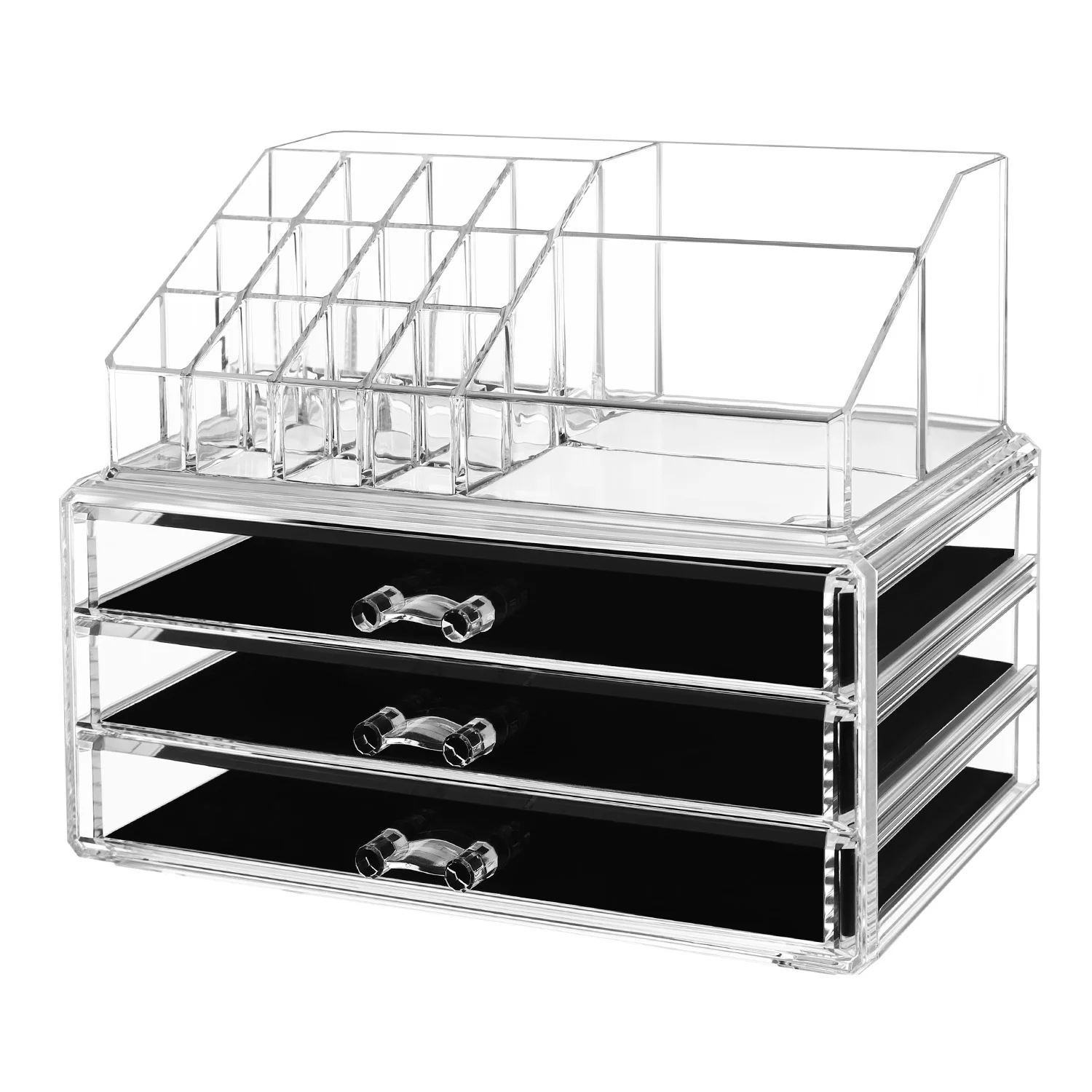 SONGMICS Organizador de Maquillaje, Estuche de Cosméticos con 3 Cajones y 15 Compartimentos de Diferentes Tamaños, Transparente/Transparente y Oro Rosado/Negro Transparente y Oro Rosado