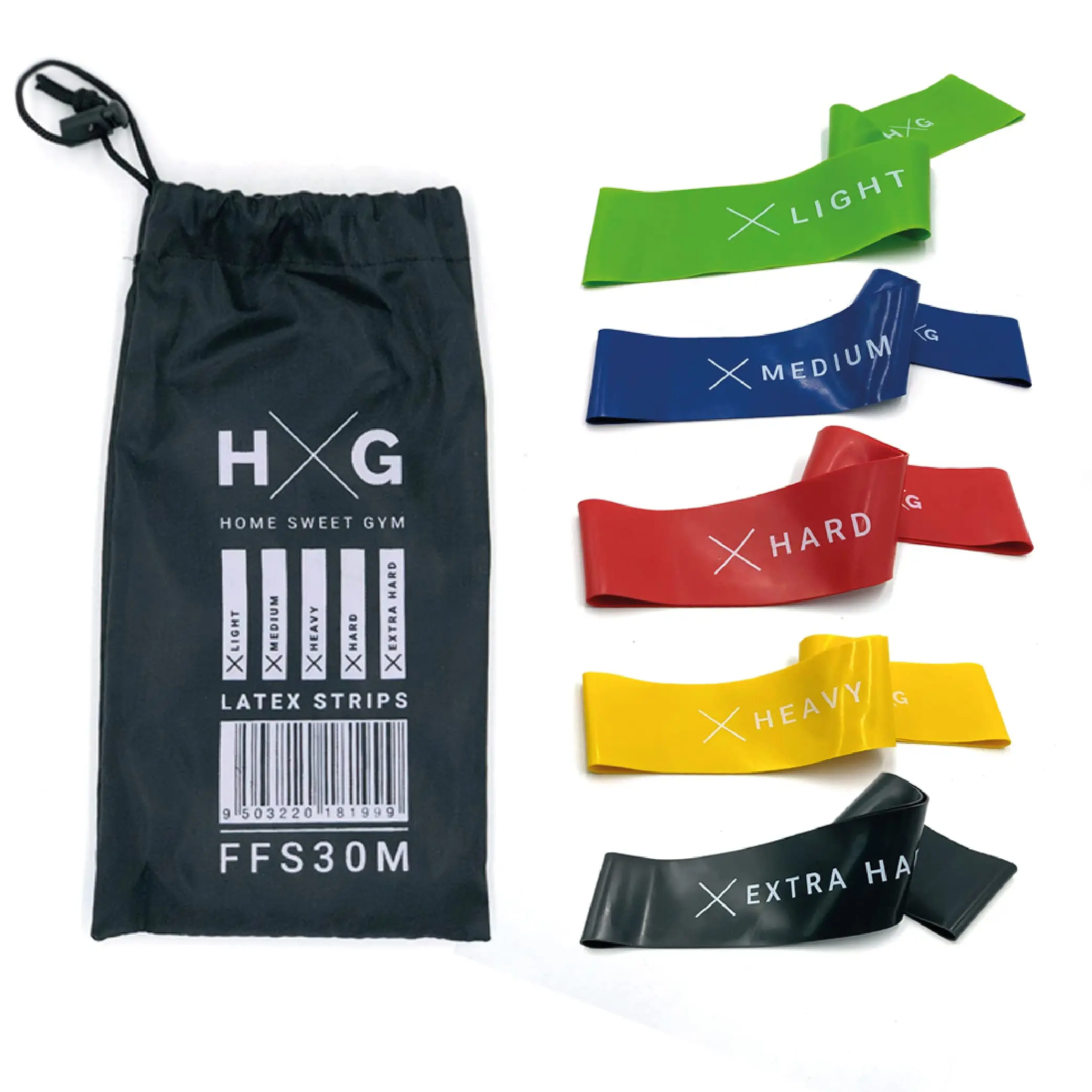 HxG Kit 5 Bandas Elásticas Fitness – Cintas de Resistencia en Látex con 5 Niveles, para Glúteos, Piernas y Brazos + Bolsa Transporte