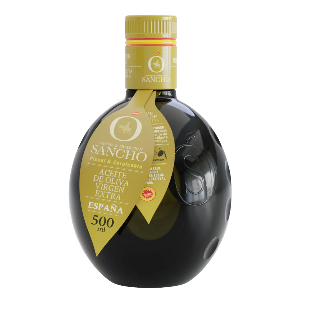 Sancho AOVE Virgen Extra de Oliva Picual y Cornicabra, 100% Español, DOP Campo de Montiel, Botella de Vidrio de 500 ml – Aceite Gourmet Ideal para Regalo