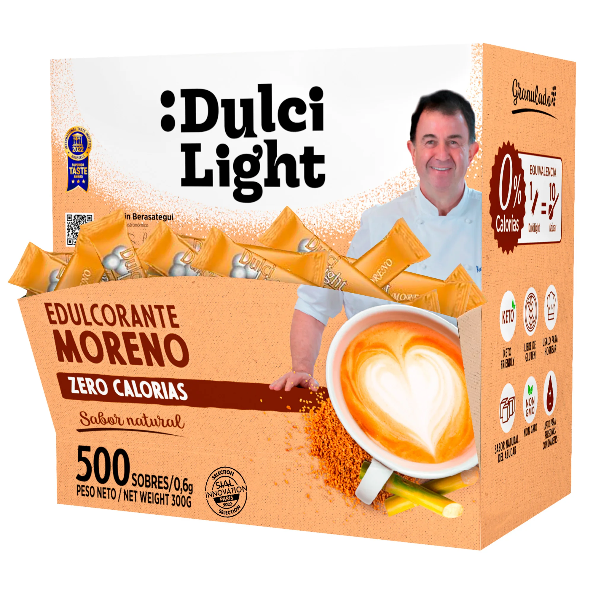 Dulcilight Edulcorante Moreno Zero  500 Sobres Sustituto del azúcar Moreno Sabor Natural  Granulado con Fibra Vegetal  keto 1 sobre 0,6g = 2 cdas de azúcar No OMG  edulcorante sobres