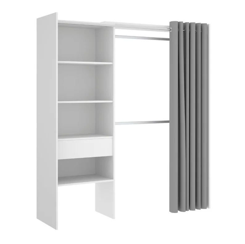 MOBELCENTER - Armario Vestidor Reversible con Cajón y Cortina, 2 Barras, 4 Estantes y 1 Cajón - Blanco - An: 160-110cm x F: 50cm x Al: 205cm (1208)