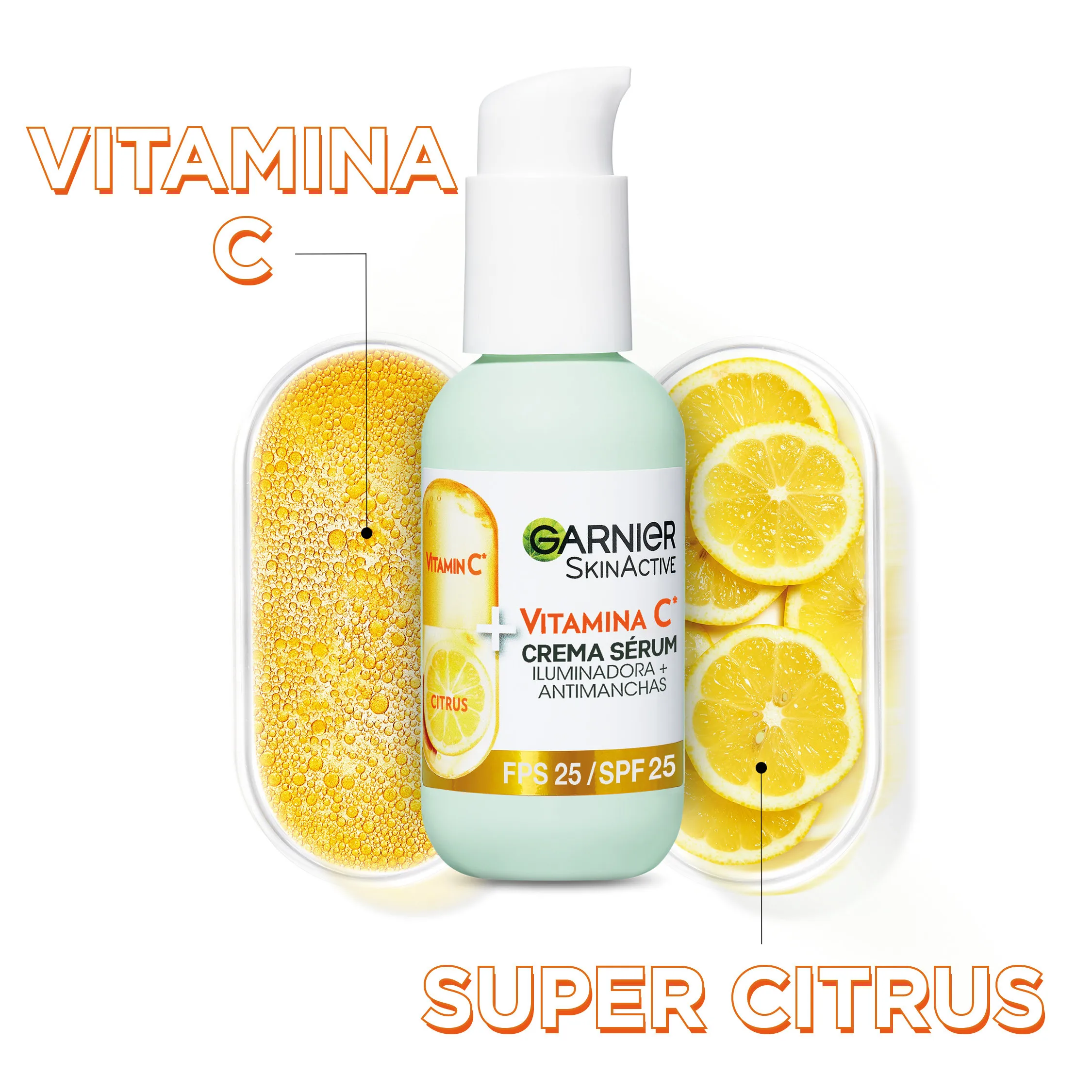 Garnier |   Serum cream with spf 25. High concentration of serum with vitamin c and sun protection to protect the skin from sun blemishes. Ultra light and moisturizing formula 50ml