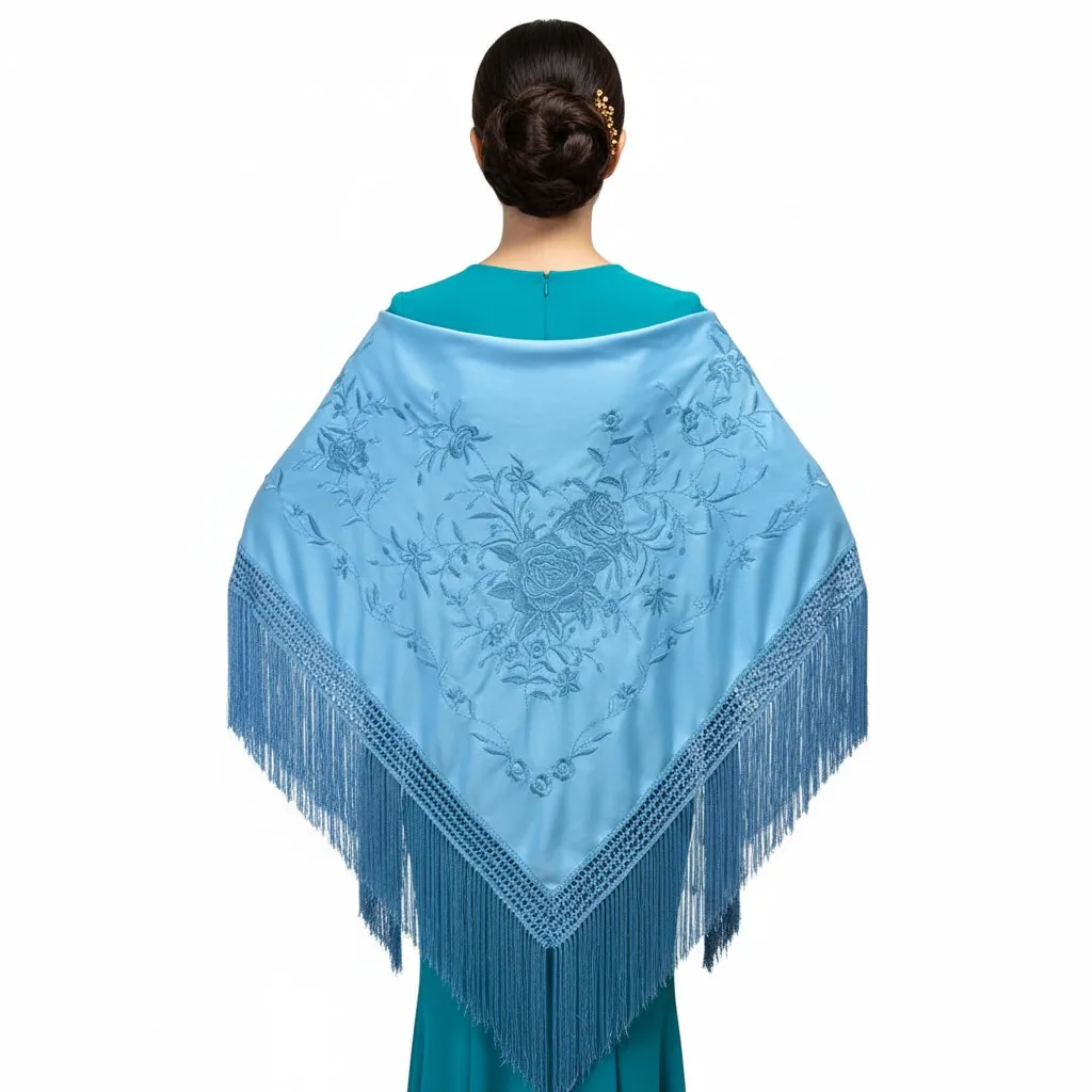 Manton de flamenco de color azul bebé con los bordados de floral mismo tono