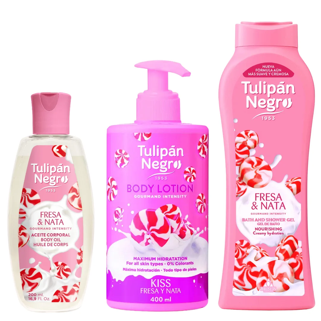 Pack Tulipán Negro Fresa | Aceite Corporal, Loción Corporal y Gel de Ducha 650 ml | Hidratación intensa, suavidad y aroma frutal dulce para tu cuidado diario. CUIDA TU PIEL CON TULIPAN NEGRO, LOS MEJORES PRODUCTOS PARA TU PIEL Y TU CUERPO PARA EL BAÑO