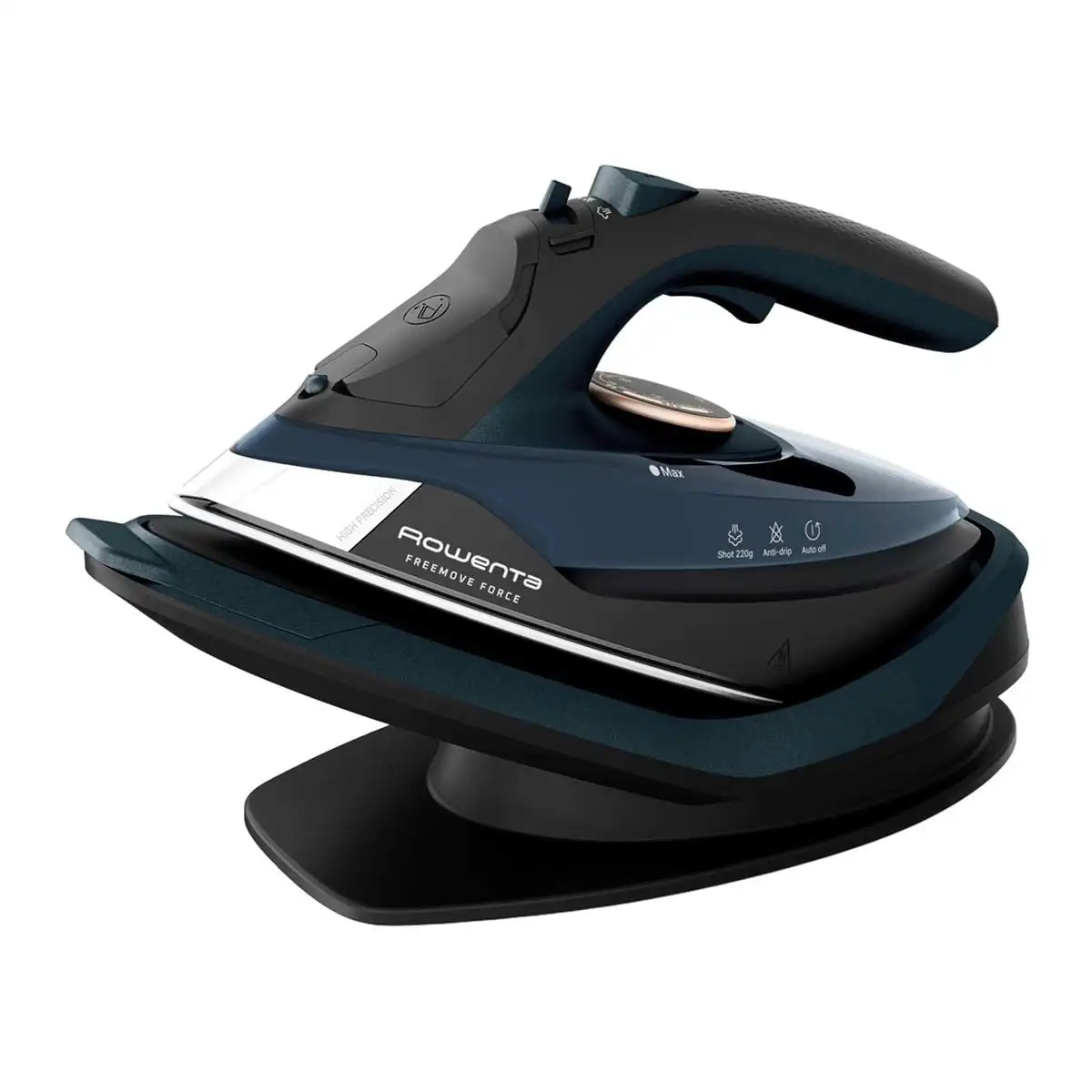Plancha de vapor sin cable Rowenta DE6725D1, 2600 W, golpe de vapor 220 g/min, vapor continuo 40 g/min, suela Microsteam 400 acero inoxidable, depósito 0,25 L, negro/azul