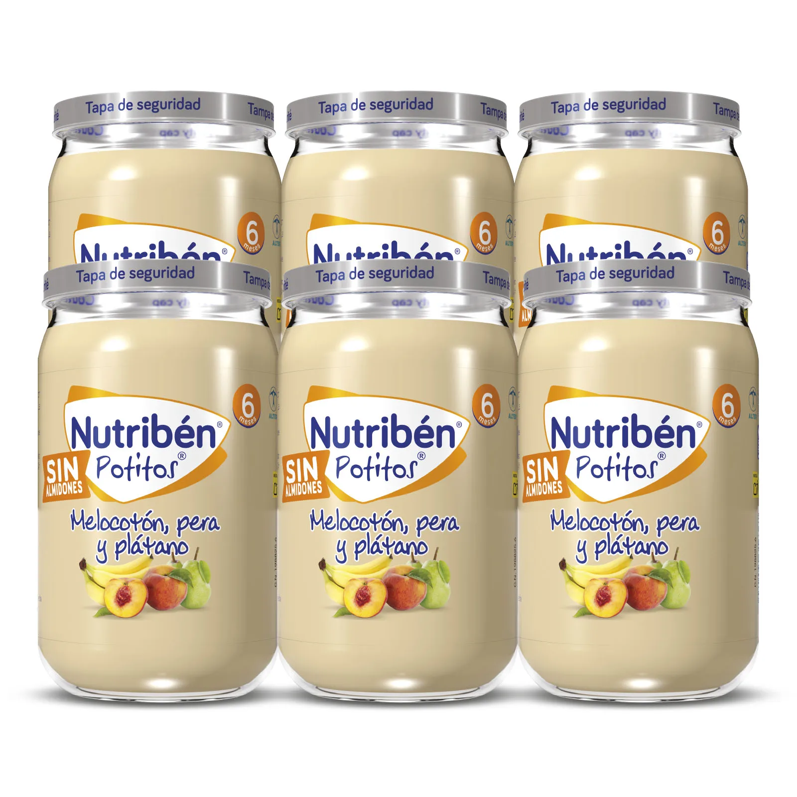 Potitos Nutriben - Tarritos Comida Bebé de Fruta A Partir de 6 Meses | Melocotón, Pera y Plátano - Sin Almidones - Sin Gluten - Sin Aceite de Palma | Fabricado con Alimentos Naturales con Vitamina C - No Contiene Leche ni Huevo | Pack de 6