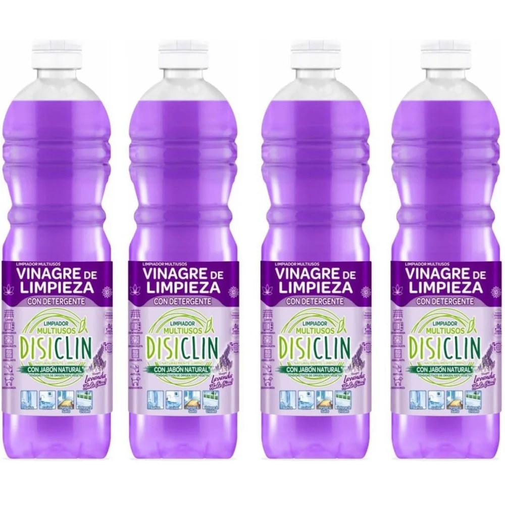 DISICLIN Vinagre de Limpieza Multiusos Con detergente y Aroma a Lavanda 1.000ml (Pack 4) - Con jabon natural, Limpiador para todas las superficies, ideal para baños, cocinas, paredes, suelos, ventanas y cristales, Util para eliminar la cal y dar brillo