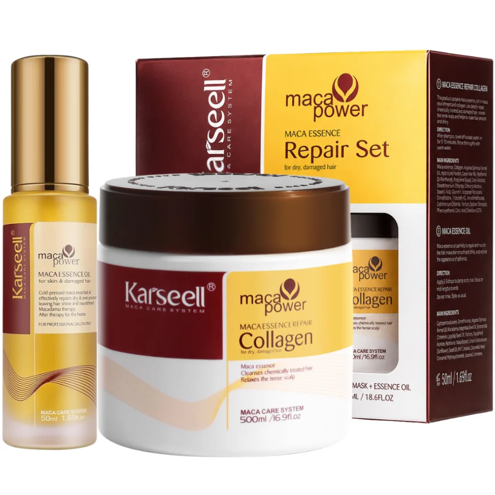KARSEELL Pack Mascarilla Capilar de Colágeno 500 ml  + Sérum de Aceite de Argán 50 ml Hidratación Profunda Reparación Acondicionador Cabello Seco y Dañado Tratamiento Intensivo Colágeno Maca Aceite de Coco Aguacate Alisado Todo Tipo de Cabello