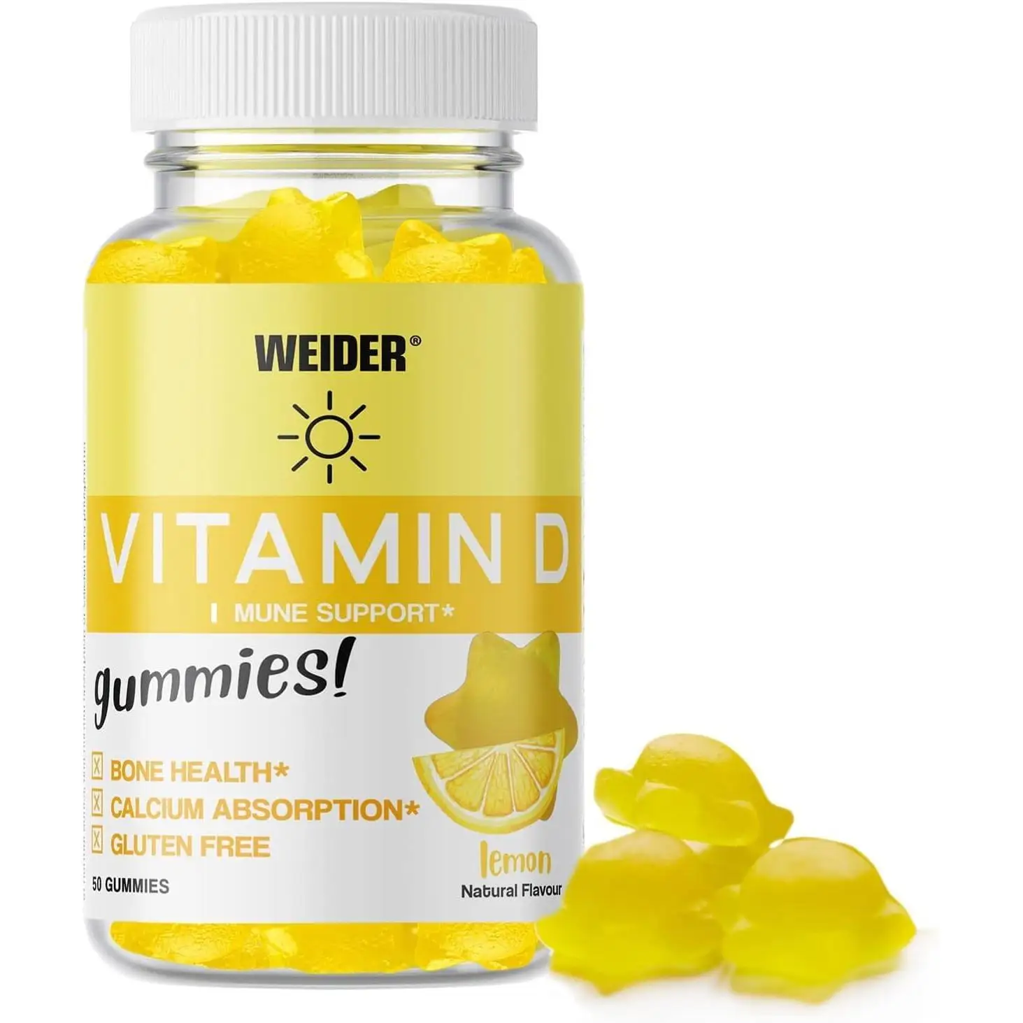 Weider Vitamin D Gummies (50 unidades) Sabor Limón, Gominolas con Vitamina D3 25 µg 1000 UI, Contribuye a la Absorción del Calcio, a la Función Ósea,...