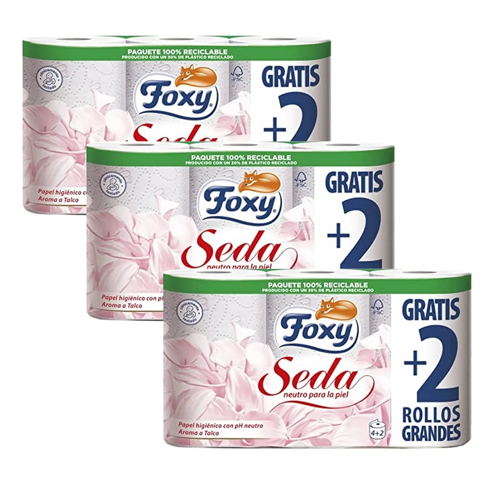 FOXY Seda 18 rollos, 3 capas, papel higiénico (3 pack x 6 rollos), PH neutro