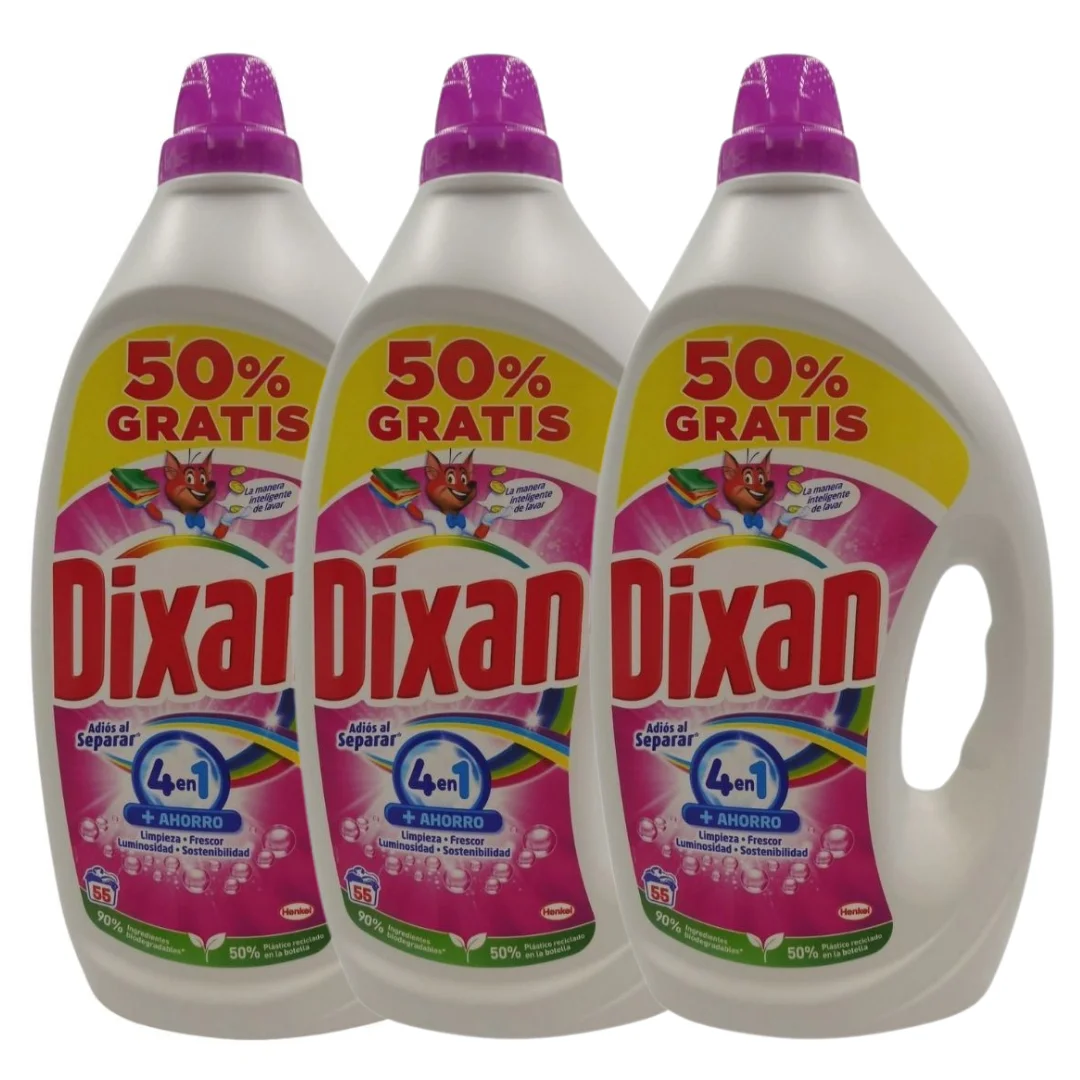 Dixan pack of 3 4-in-1 liquid detergent offers 55 effective washes per bottle, with a total of 2.475 liters of product. Deep cleansing with multi-benefit action for complete clothing care