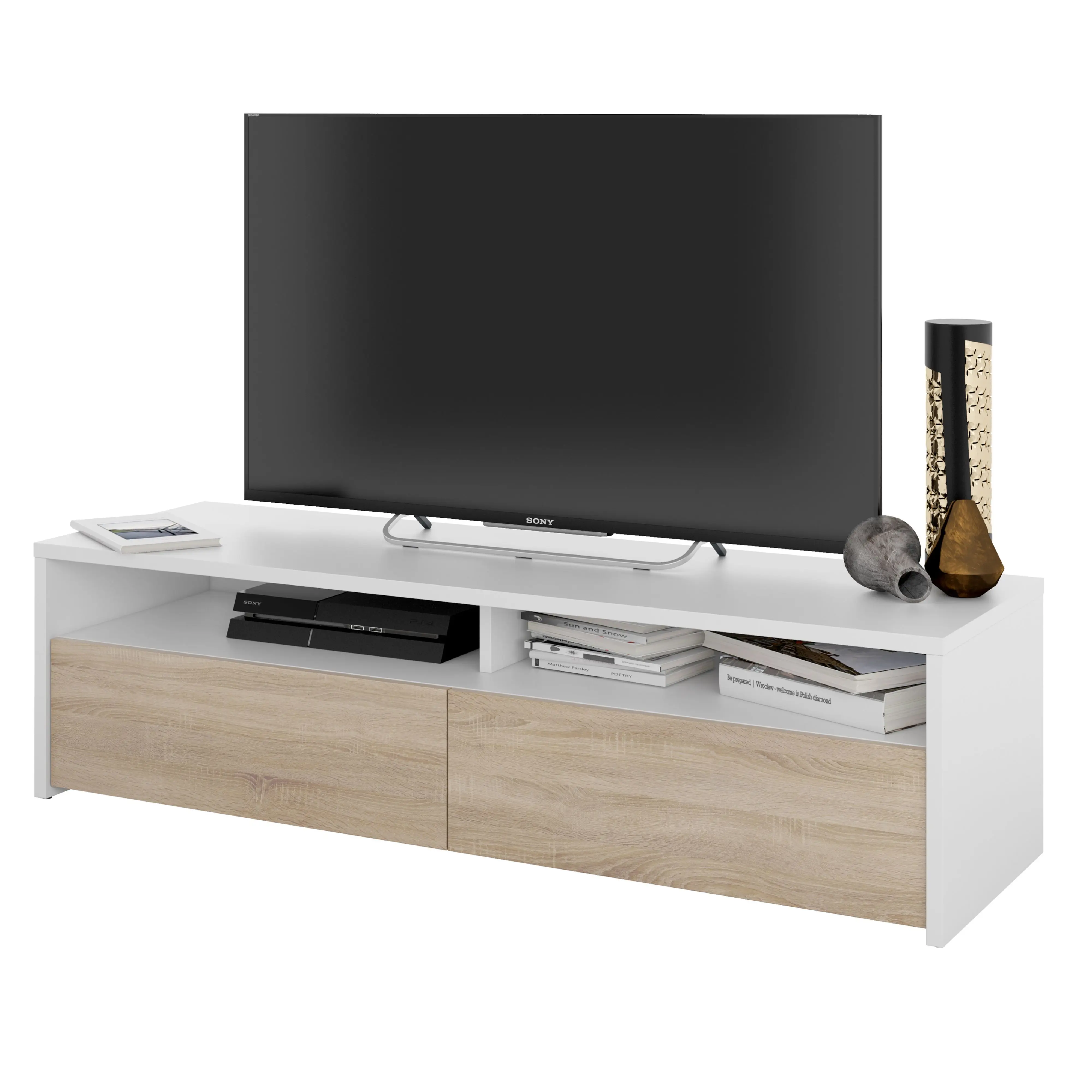 Miroytengo Mueble de Tv multimedia con 2 Puertas Abatibles en Color Blanco Artik y Roble Canadian 130 cm