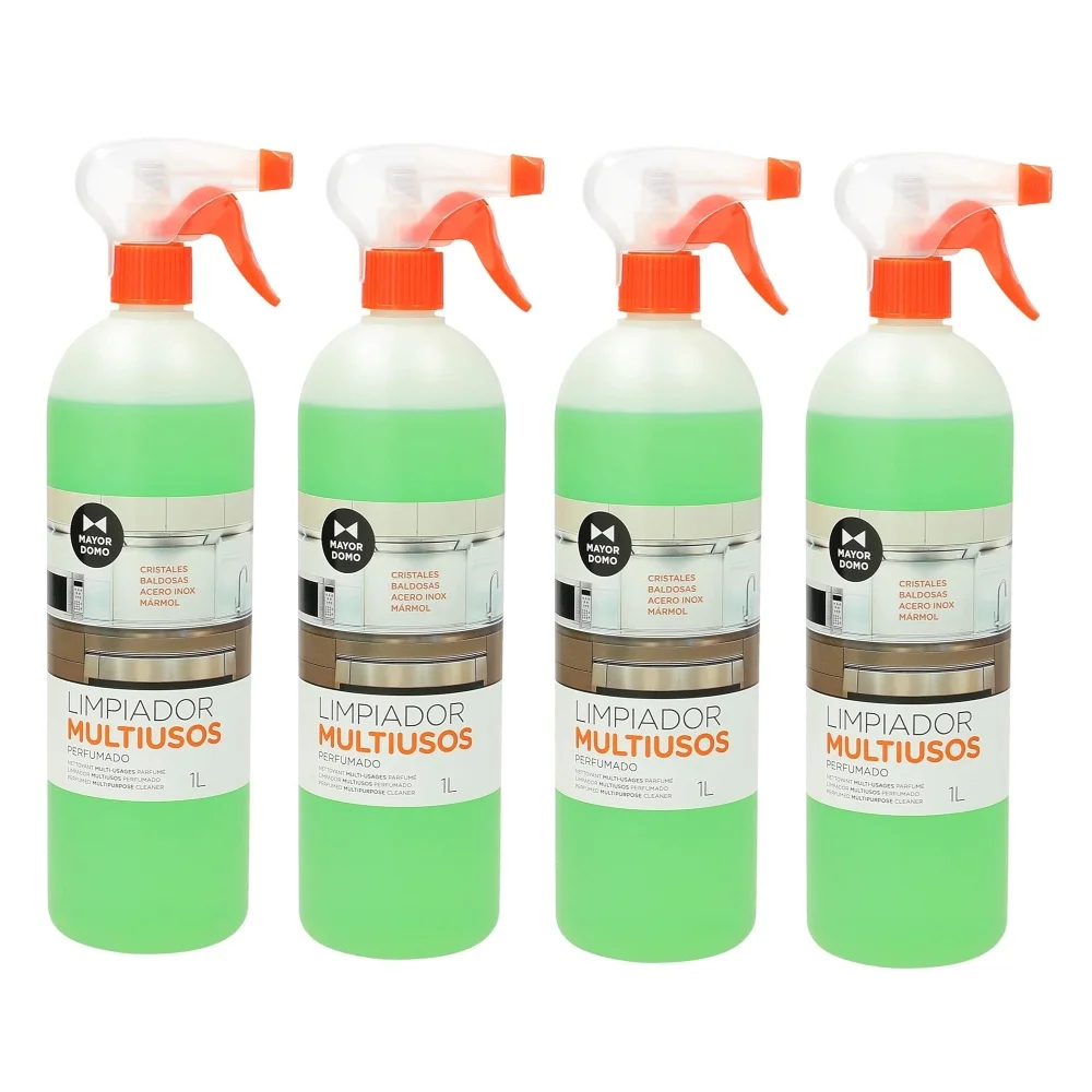 Mayordomo Limpiador Multiusos de Superficies Perfumado 1L, Pack 4 unidades - Limpiador Multisuperficies de calidad con Pistola Pulverizadora para Cristales, Azulejos, Baldosas, Marmol, Acero Inoxidable, Cerámica. pH neutro, con alcohol, agradable perfume