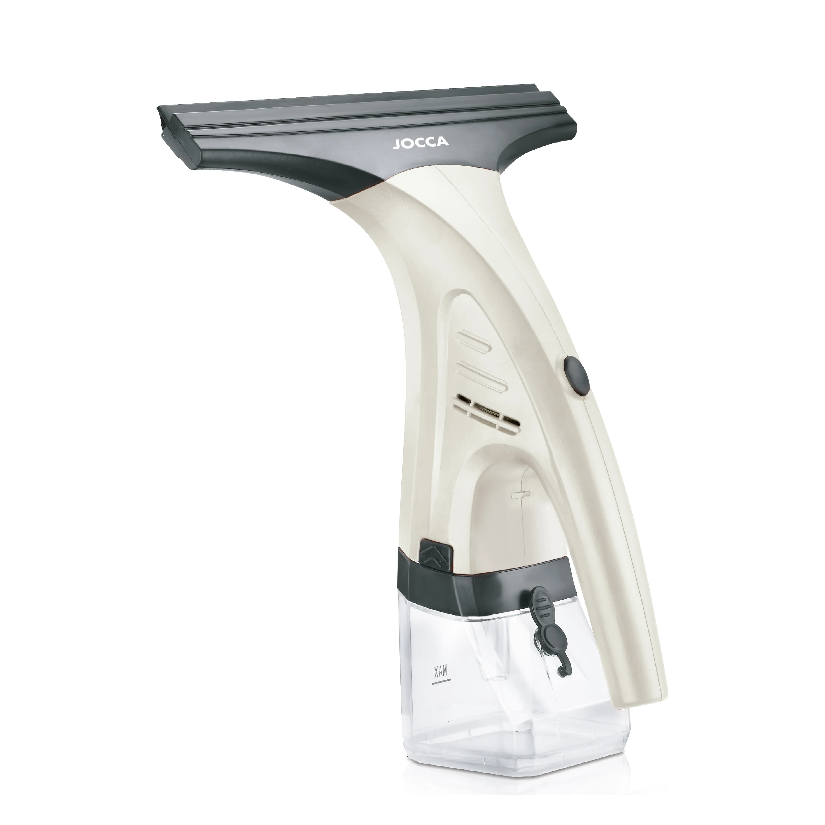 Limpiacristales eléctrico Jocca ligero y compacto. Limpieza sin gotas en ventanas, mamparas, azulejos o parabrisas. Depósito extraíble 300ml, autonomía 20min, indicador de batería, botón ON/OFF, 680g