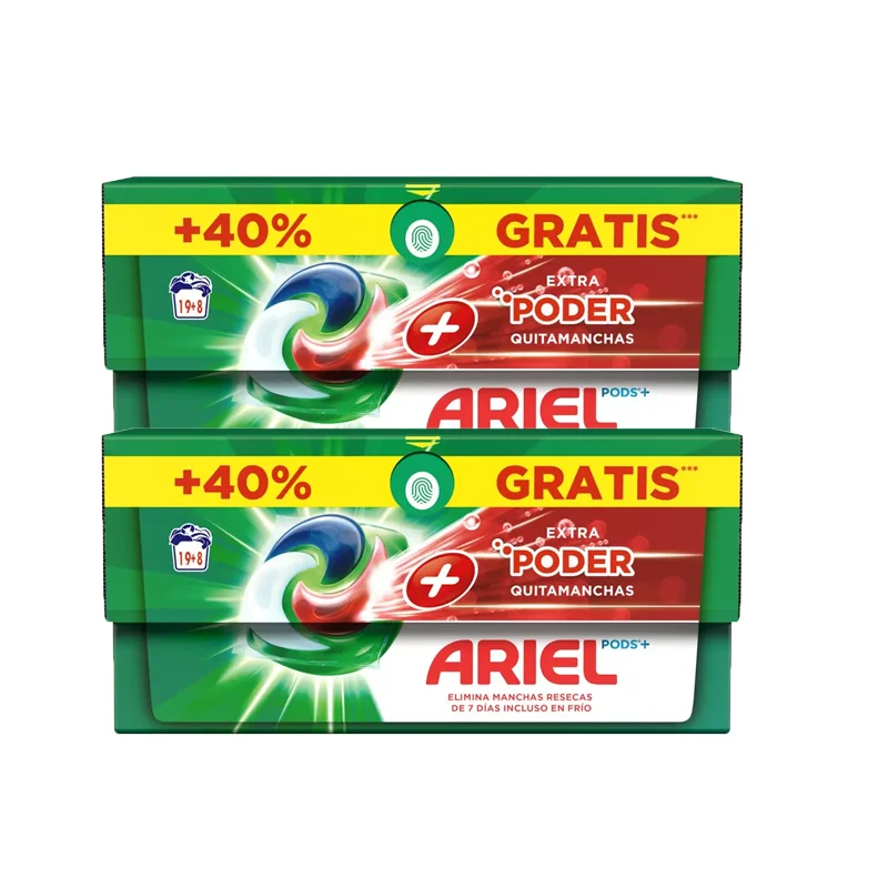 Pack of Ariel All-in-One liquid washing machine detergent in capsules/pills, 19 + 8 (27,54 or 81) washed, plus Extra power stain remover, deep cleaning