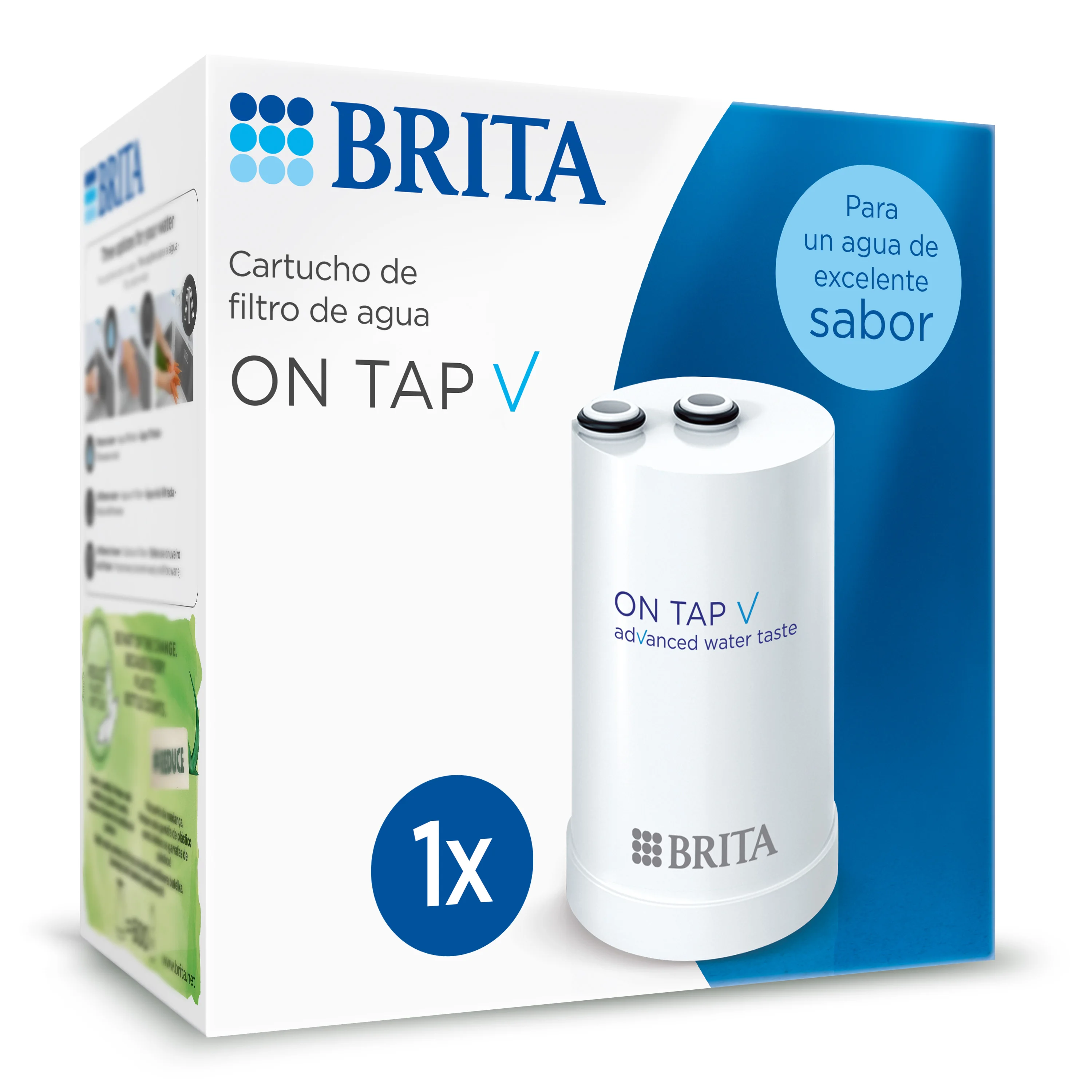 BRITA Filtro de Agua On Tap V | De 1 a 4 Unidades | Compatible con Sistema BRITA On Tap | Filtra hasta 600L | Reduce cloro, microplásticos y contaminantes | Conserva minerales | Instalación rápida | Sin BPA | Tecnología de microfiltración
