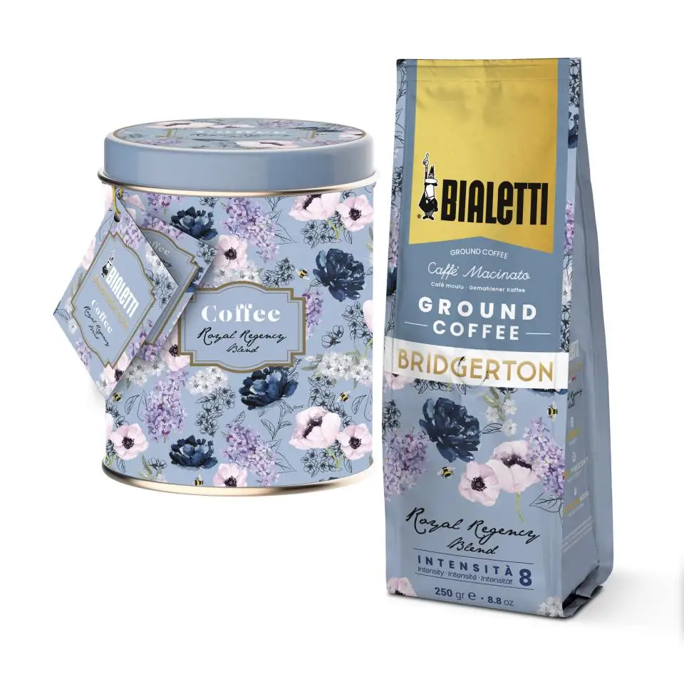 Café Molido Bridgerton Bialetti - Mezcla "Royal Regency Blend" 80% Arábica, 20% Robusta Sabor Pleno y Aterciopelado Lata Decorativa 250g