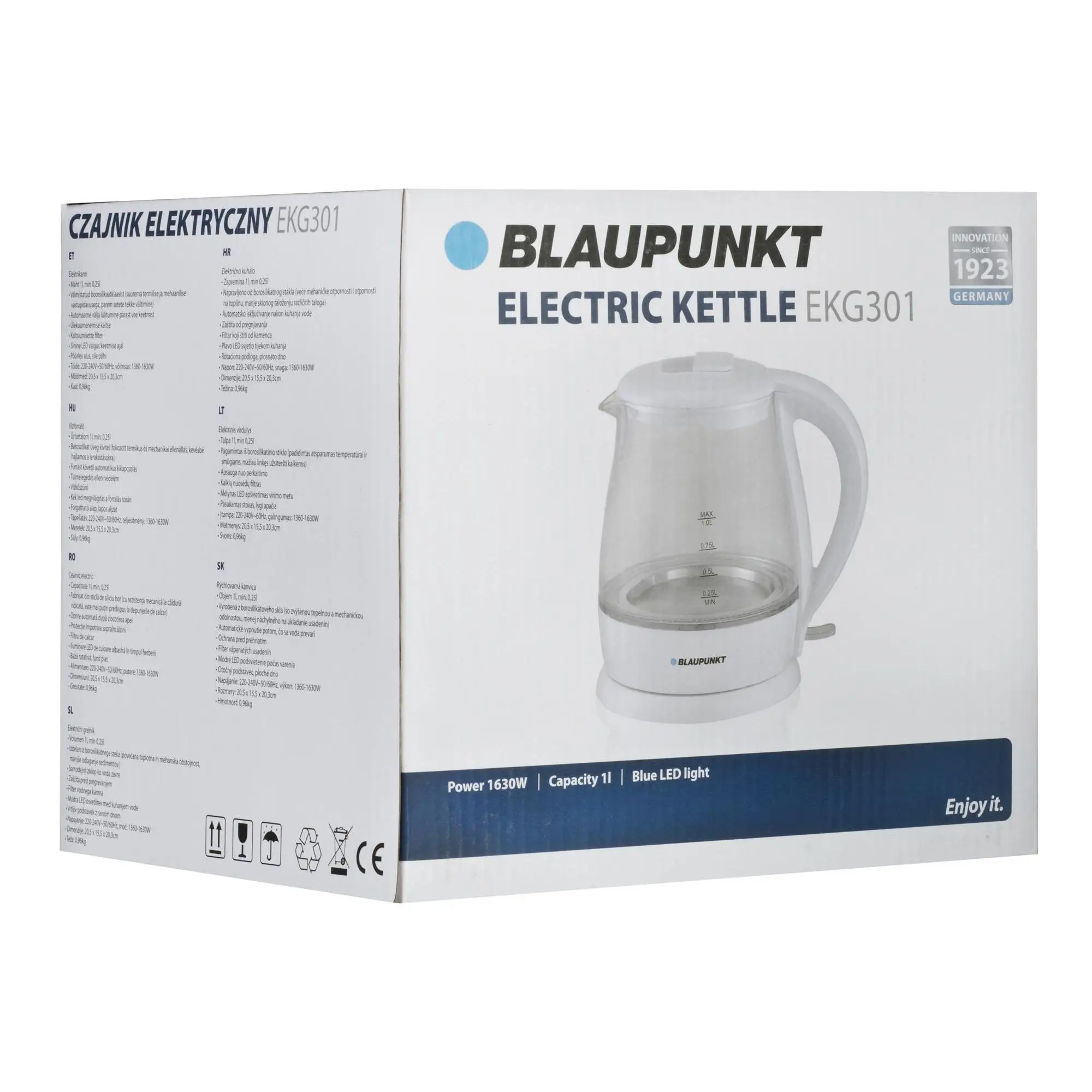 Blaupunkt kettle elãHctrico EKG301 1L, 1630W electric, 3600 W, 1 Liter, 44 decibels, stainless steel, Multicolour