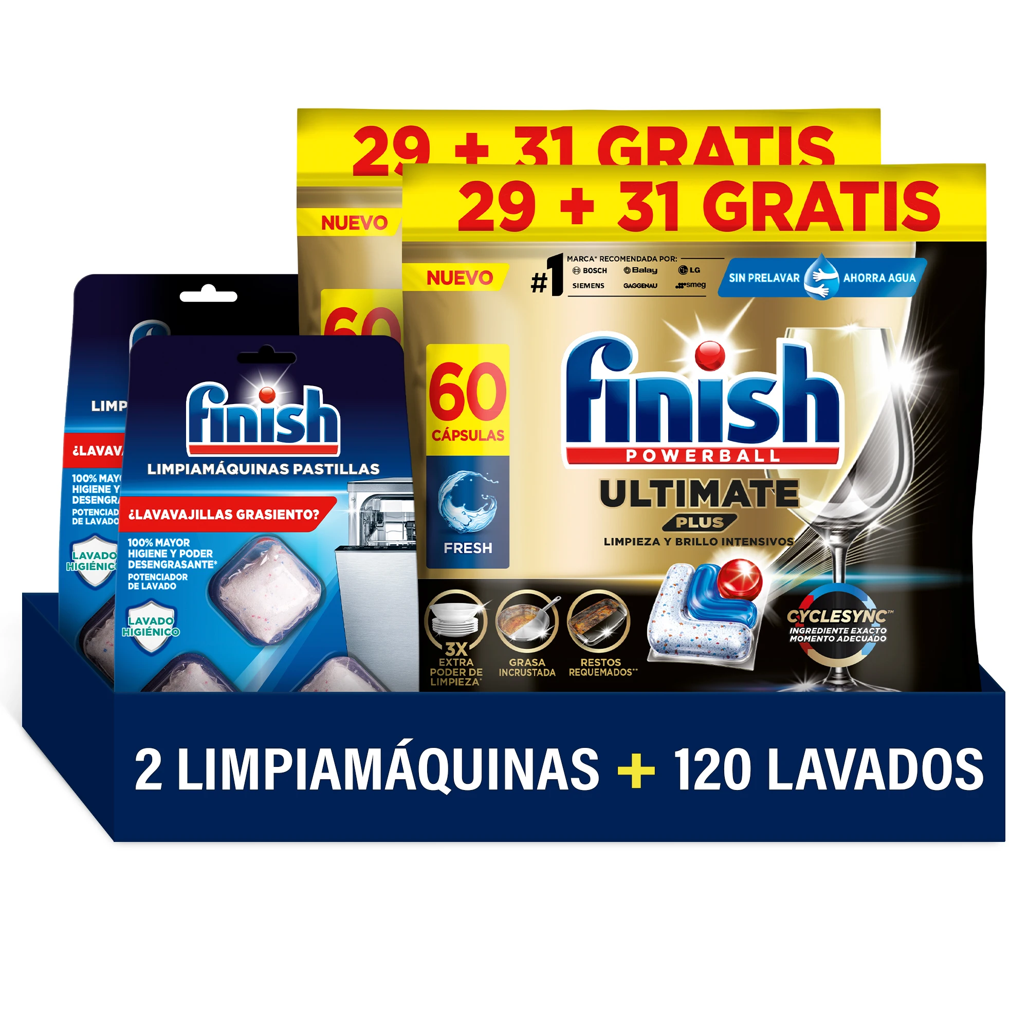 Finish Powerball ULTIMATE PLUS ALL IN 1 x120 Pastillas para Lavavajillas + 6x Limpiamáquinas en Pastillas, Limpieza Intensiva, Elimina Restos Quemados, Brillo Diamante, Cuida y Protege