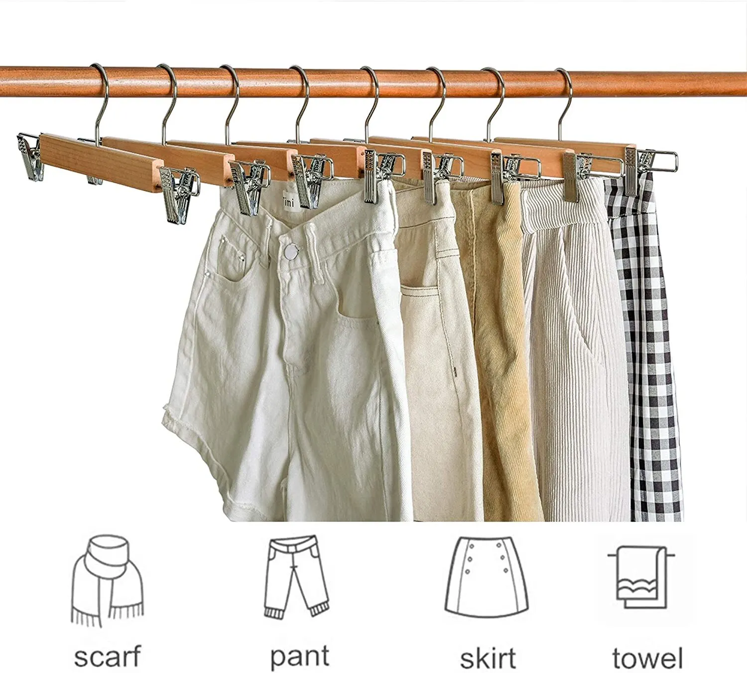 Wooden Clothes Hanger with Clips - 31cm Length, 1.2cm Thick, 360° Rotating Hook, Non-Slip Rubber Padding, Suitable for Pants, Shorts, Skirts, and Undergarments, High-Quality Metal and Wood Construction, Set of 10