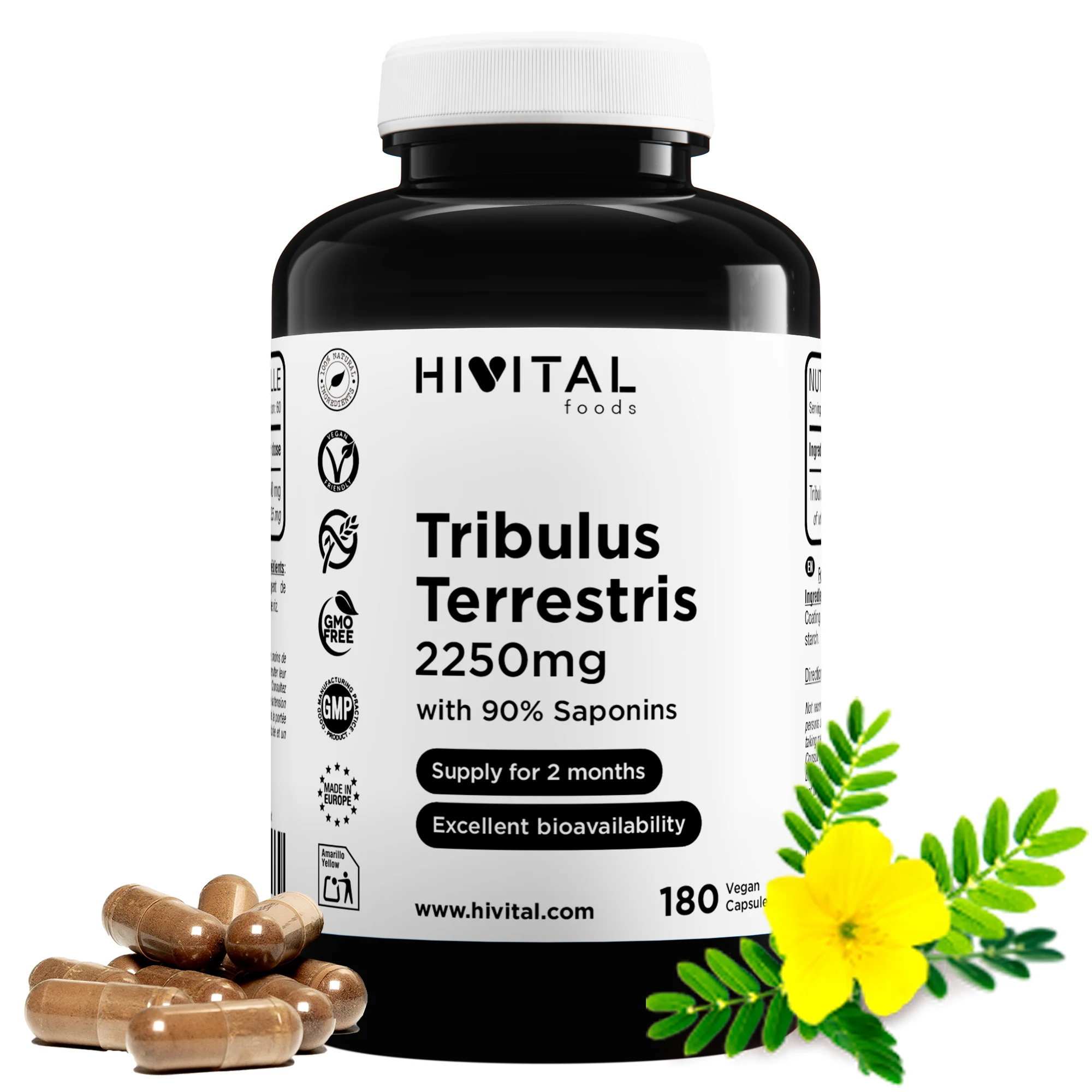 Tribulus Terrestris 2250 mg | 180 cápsulas veganas. Hivital