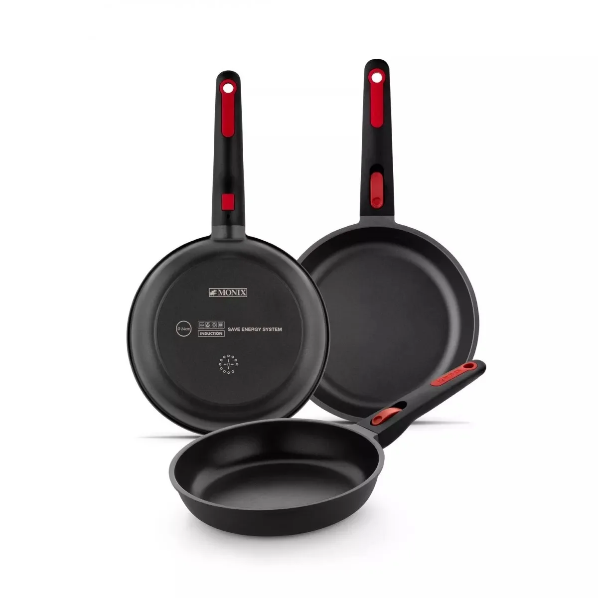 Monix In Out - Set 3 Sartenes Antiadherentes, Lote 18, 22 y 26 cm, Aluminio Fundido, Mango Extraíble y Ergonómico, Utensilio Cocina