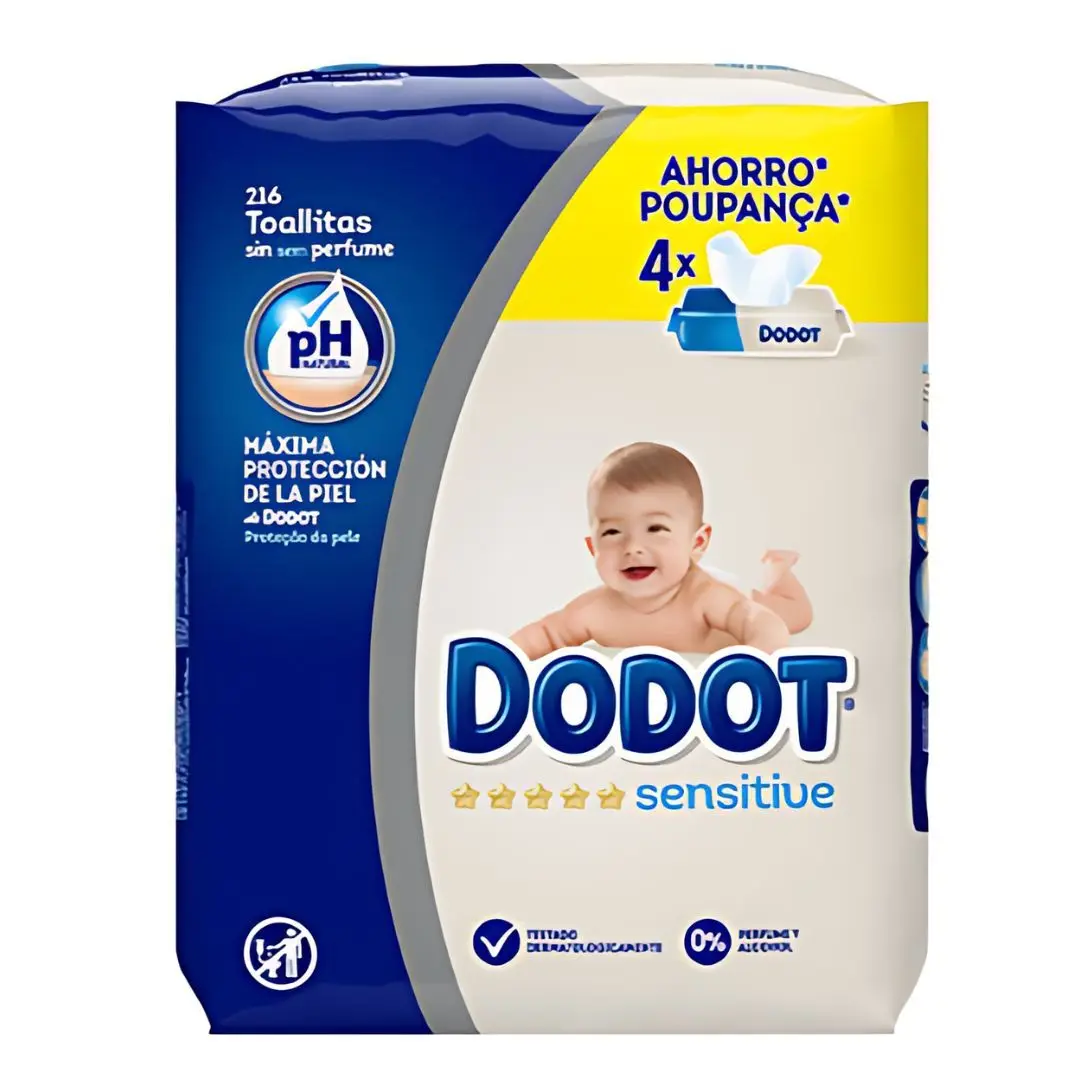 Dodot Sensitive Toallitas Húmedas  216 unidades (4x54) - Protección suave para la piel sensible del bebé