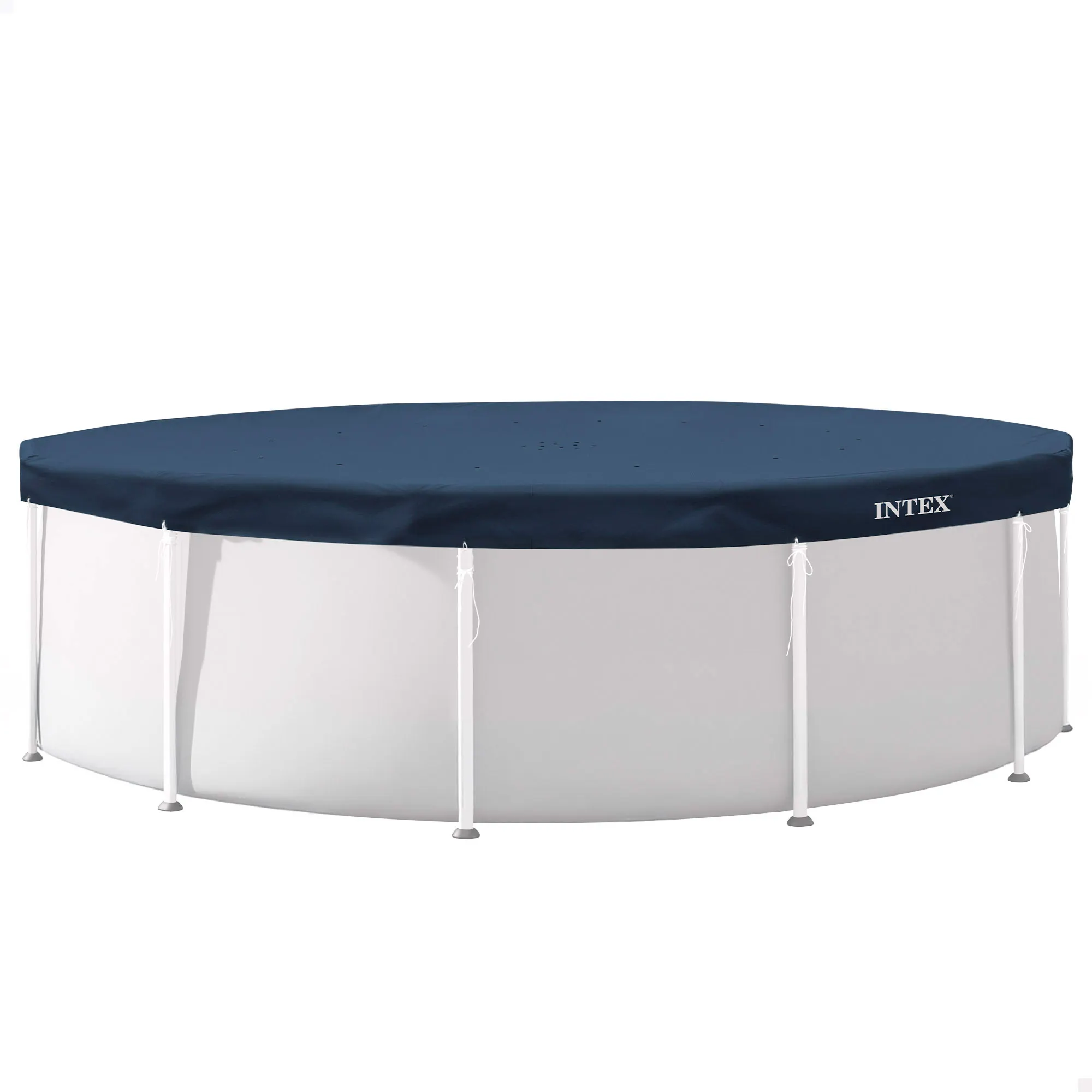 INTEX - Cobertor para piscina redonda, azul oscuro, agujeros de drenaje, cordón agarre, voladizo 20 cm, funda de piscinas, lona para colocar piscina, cubre piscinas redonda