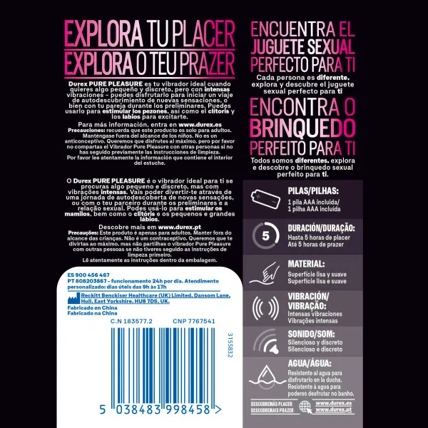 Durex Mini Vibrator Intense Orgasmic Pure Pleasure for women, discreet and powerful sex toy, waterproof, silent operation, up to 5 hours of pleasure with a soft velvet-like surface, perfect for personal or couple enjoyment.