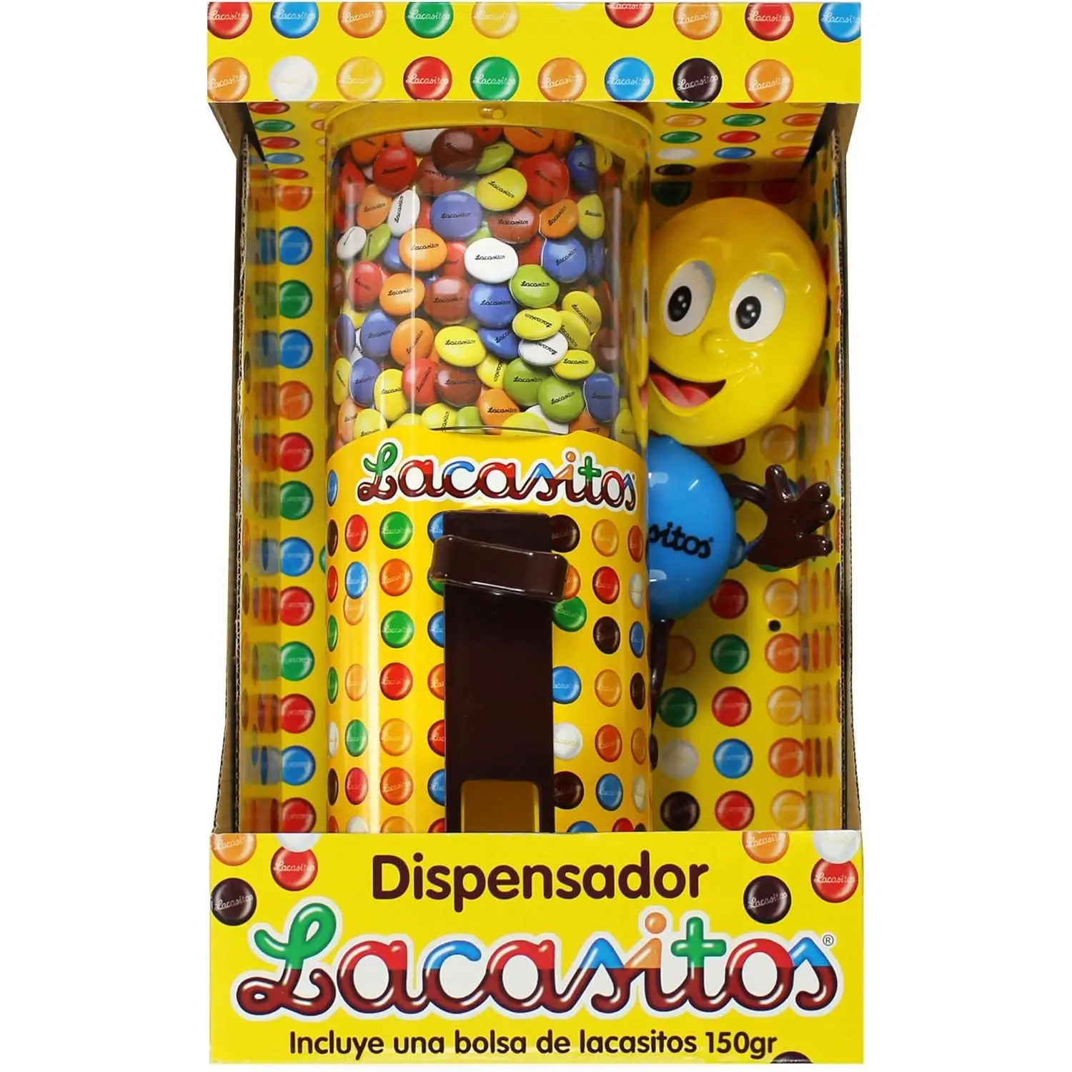 Lacasitos Dispensador de Grageas de Chocolate – 150 g, Golosinas de Chocolate con Leche Cubiertas de Azúcar, Ideal para Niños, Regalos, Fiestas y Compartir, Sin Gluten