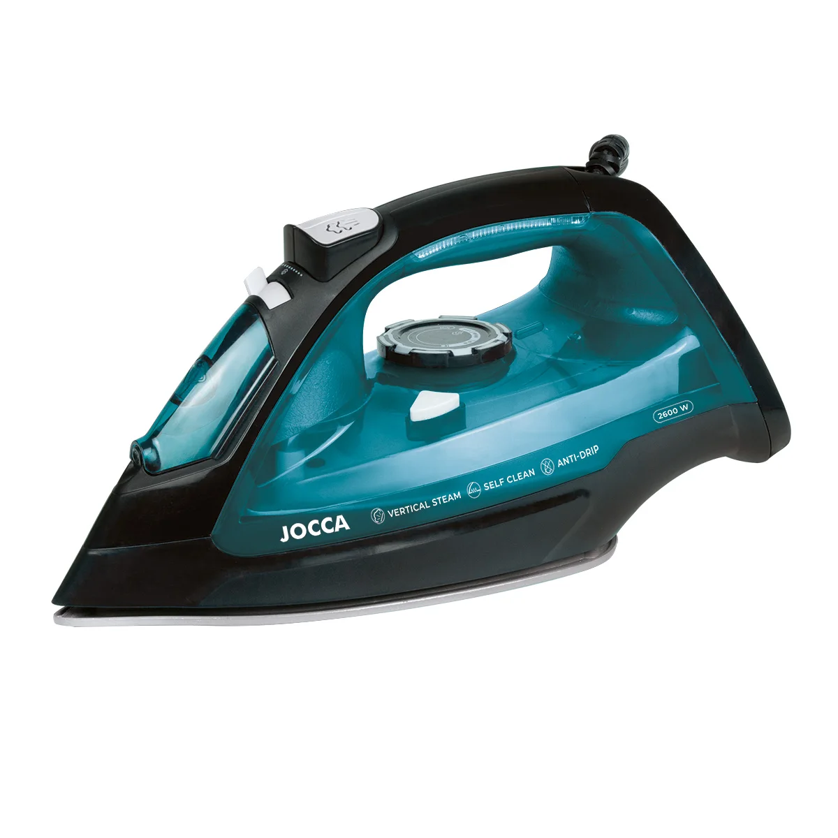 Jocca steam iron for clothes with the option of horizontal, vertical and dry ironing with steam and temperature control, ceramic sole, anti-cancer system, anti-drip system and self-cleaning system.