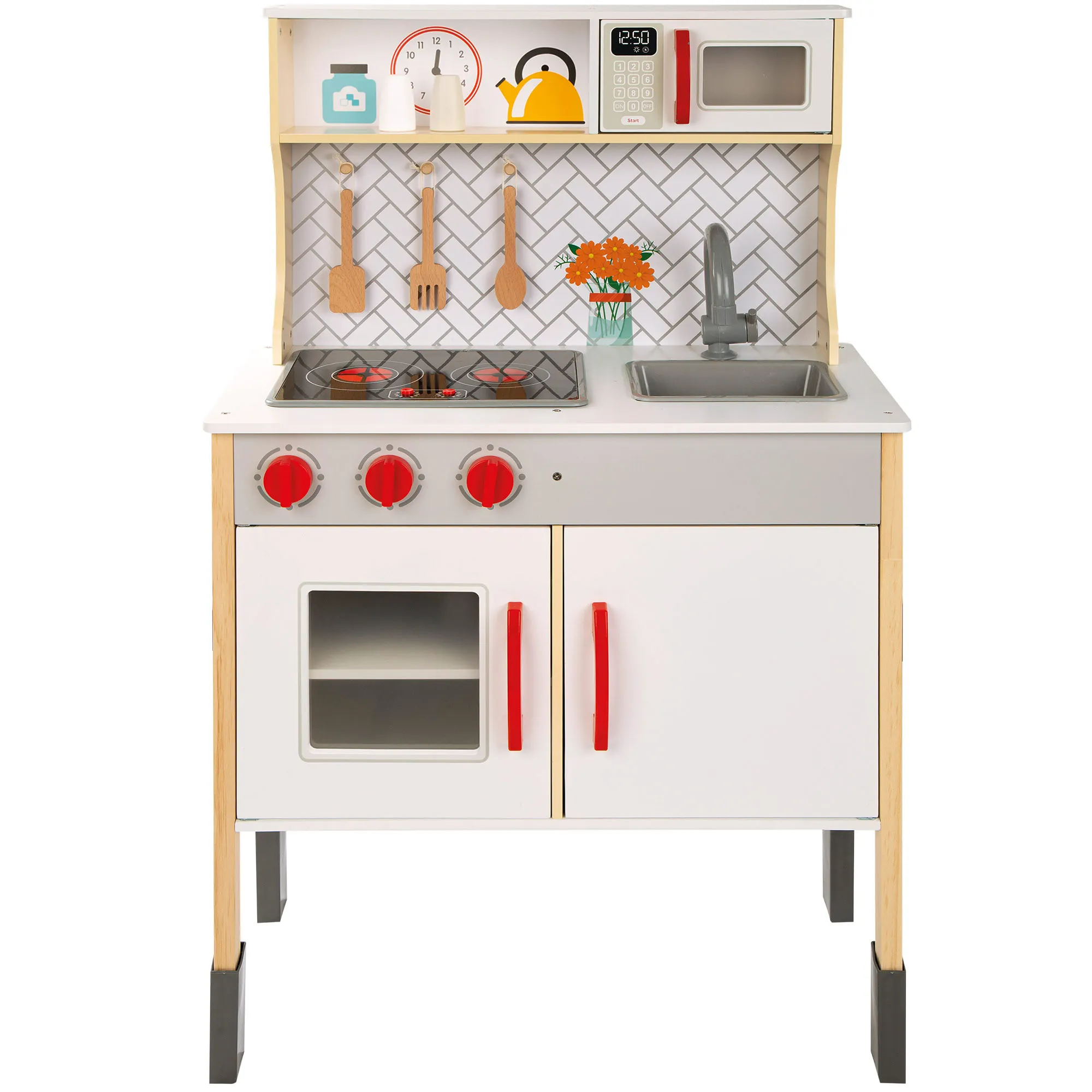 WOOMAX Cocina de madera eléctrica, con luz y sonido, interactiva, cocinita de madera infantil con vitrocerámica, para niños y niñas, madera sostenible FSC, juego simbólico, juguete de imitación,