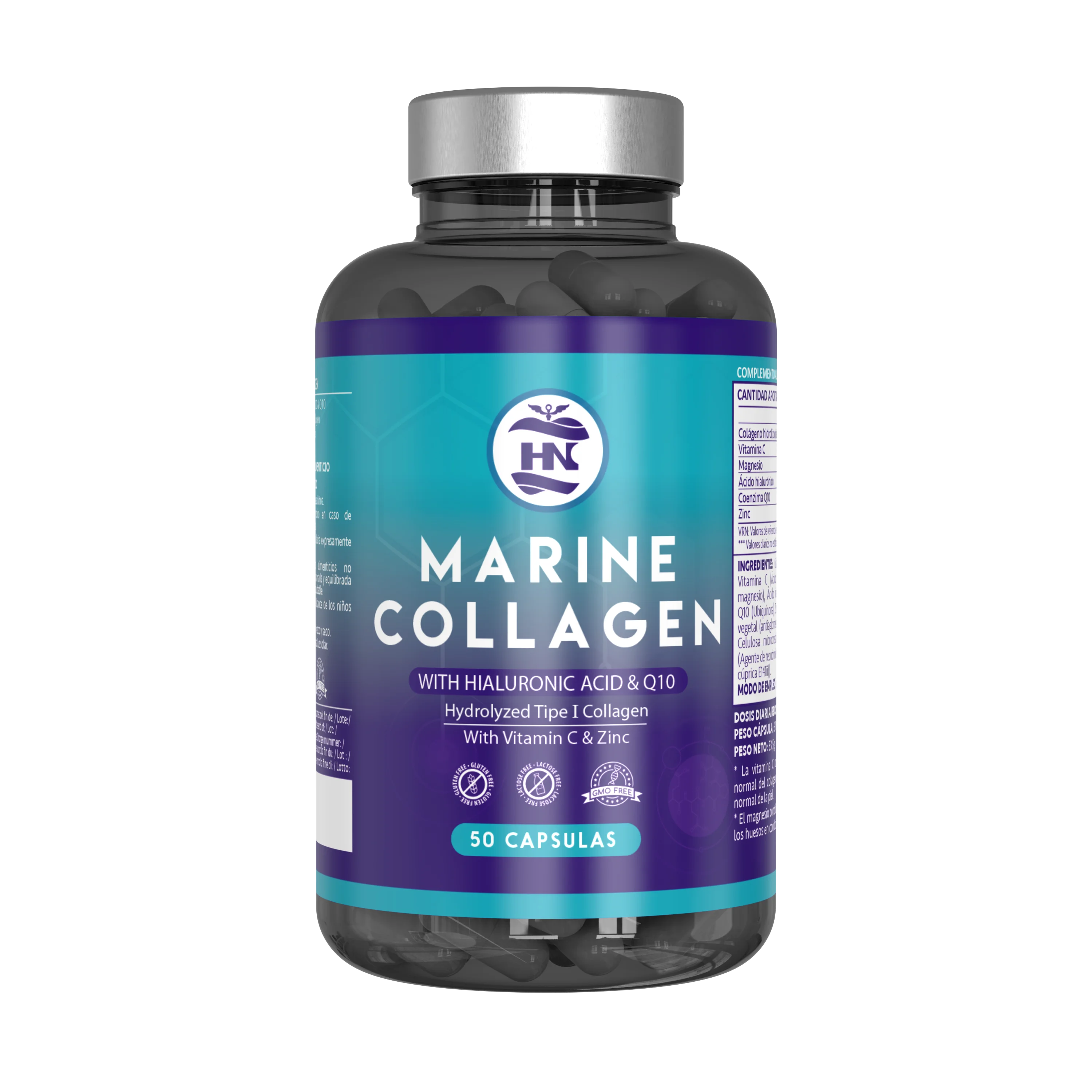 HN - Healthy Nutrition Colageno Marino Hidrolizado Puro con Acido Hialuronico con Magnesio y Vitamina C - Coéncima Q10, Magnesio y Zinc 50 Caps - Marine Collagen, Colágeno Marino con Acido Hialurónico (1 Bote (50 Caps))