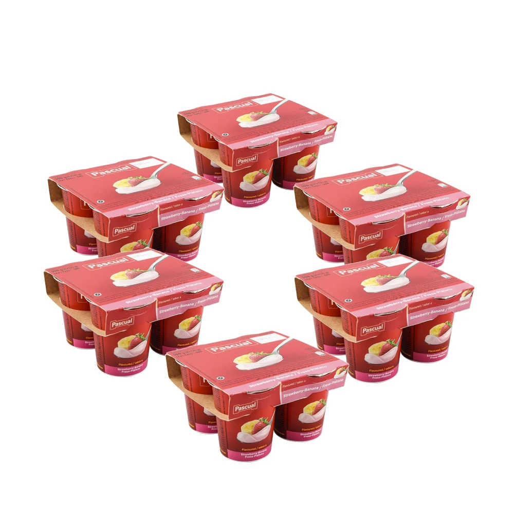Yogur de fresa y plátano Pascual 4x125 g caja de 6 packs. Total de 24 yogures