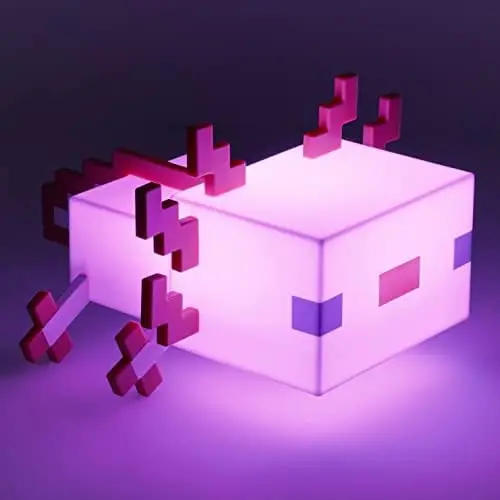 Luz Axolotl Minecraft - Lámpara Oficial con 5 Modos de Color, Decoración para Gamers, Funciona con Pilas