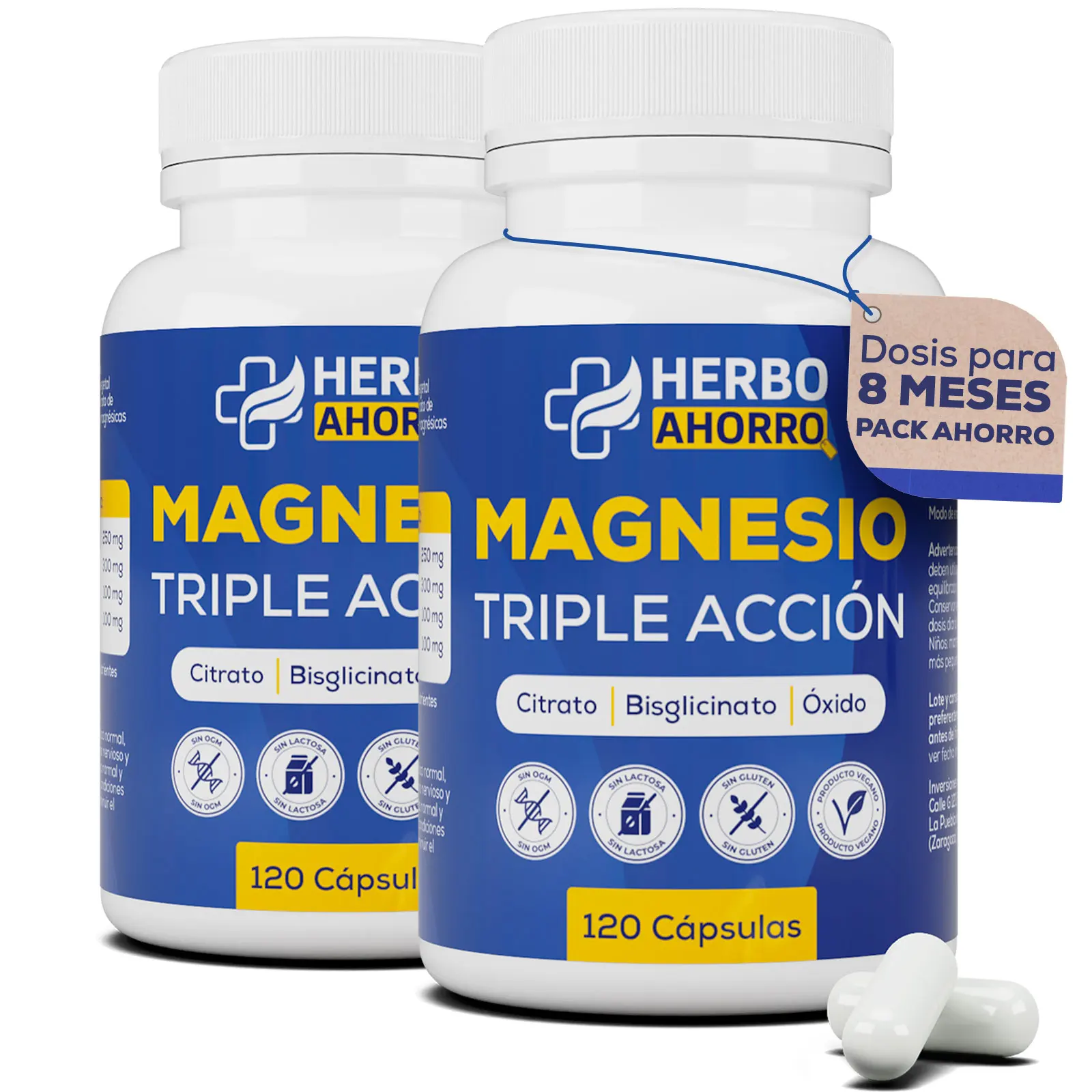 Magnesio Complex - Citrato, Bisglicinato y Óxido de Magnesio Triple - Alta Absorción - 120 cápsulas