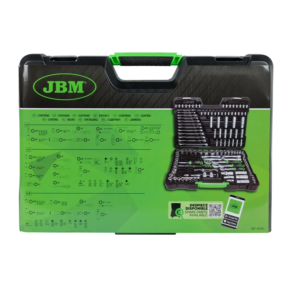 JBM 54034 216-piece tool case with zinc plated hex sockets