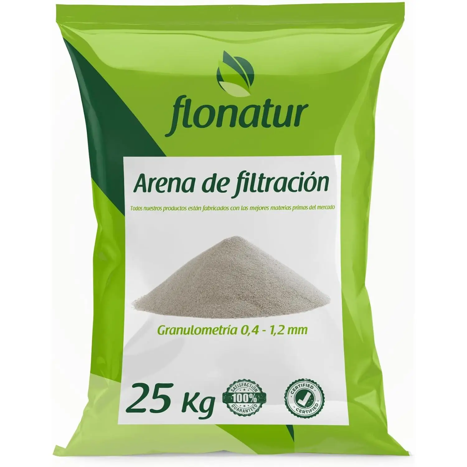 flonatur Arena de Filtración para Depuradoras de Piscinas, Fabricación de Morteros, Chorreo y Manutención de Césped Artificial, Granulometría de 0,4 a 1,2mm, Saco de 25 Kilos